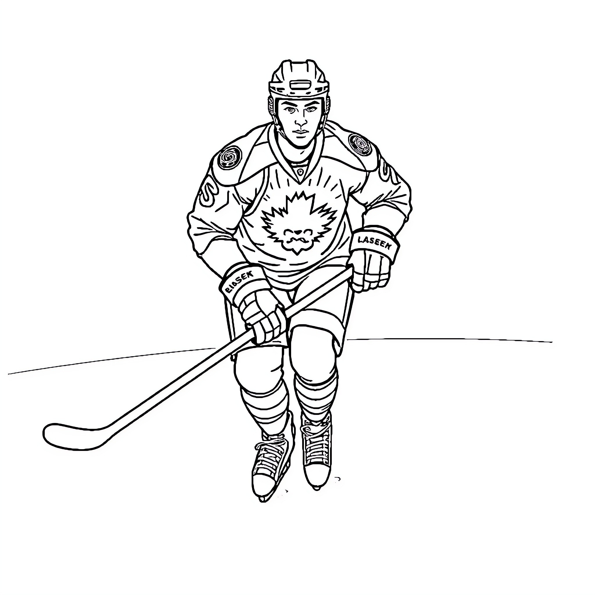 Hockey Player in Uniform on the Ice Coloring Page (free black-and-white line drawing printable PDF for all, from beginners to advanced learners, including children, teens, adults, and seniors)