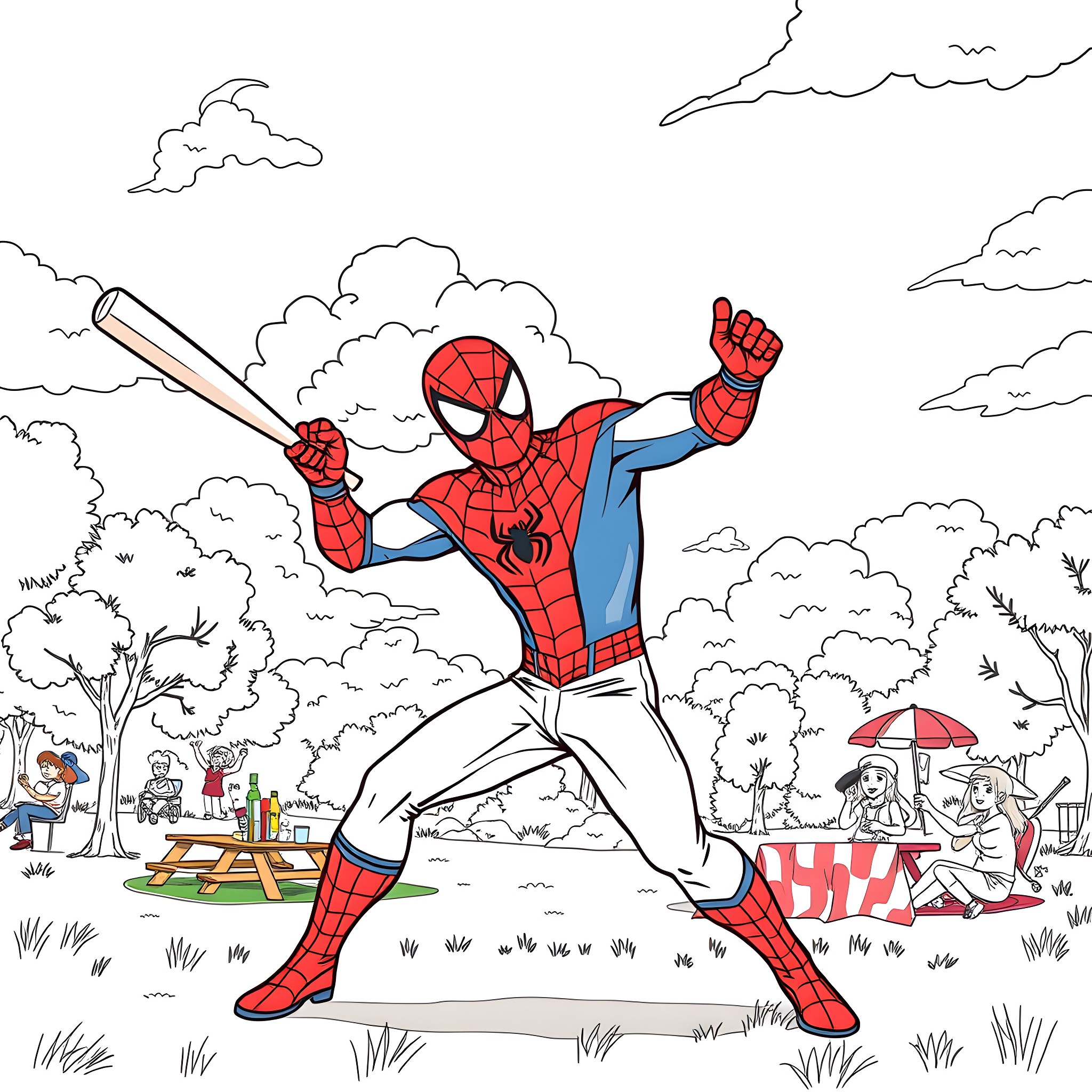 Spider-Man swinging into action in the park Coloring Page (free black-and-white line drawing printable PDF for all, from beginners to advanced learners, including children, teens, adults, and seniors)