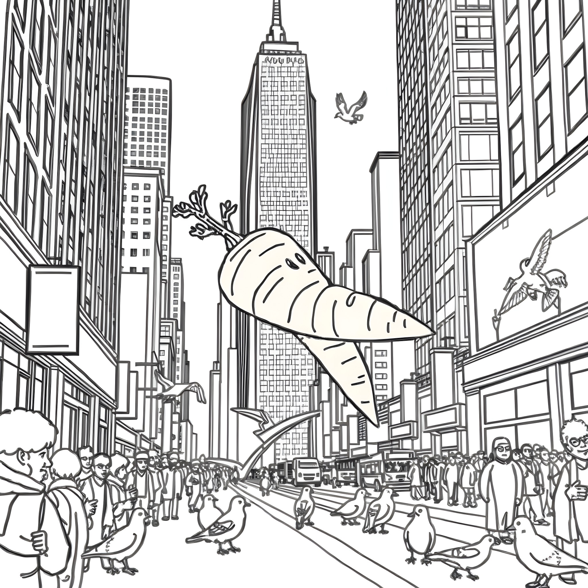 Carrot-shaped balloon soaring over crowded city streets Coloring Page (free black-and-white line drawing printable PDF for all, from beginners to advanced learners, including children, teens, adults, and seniors)