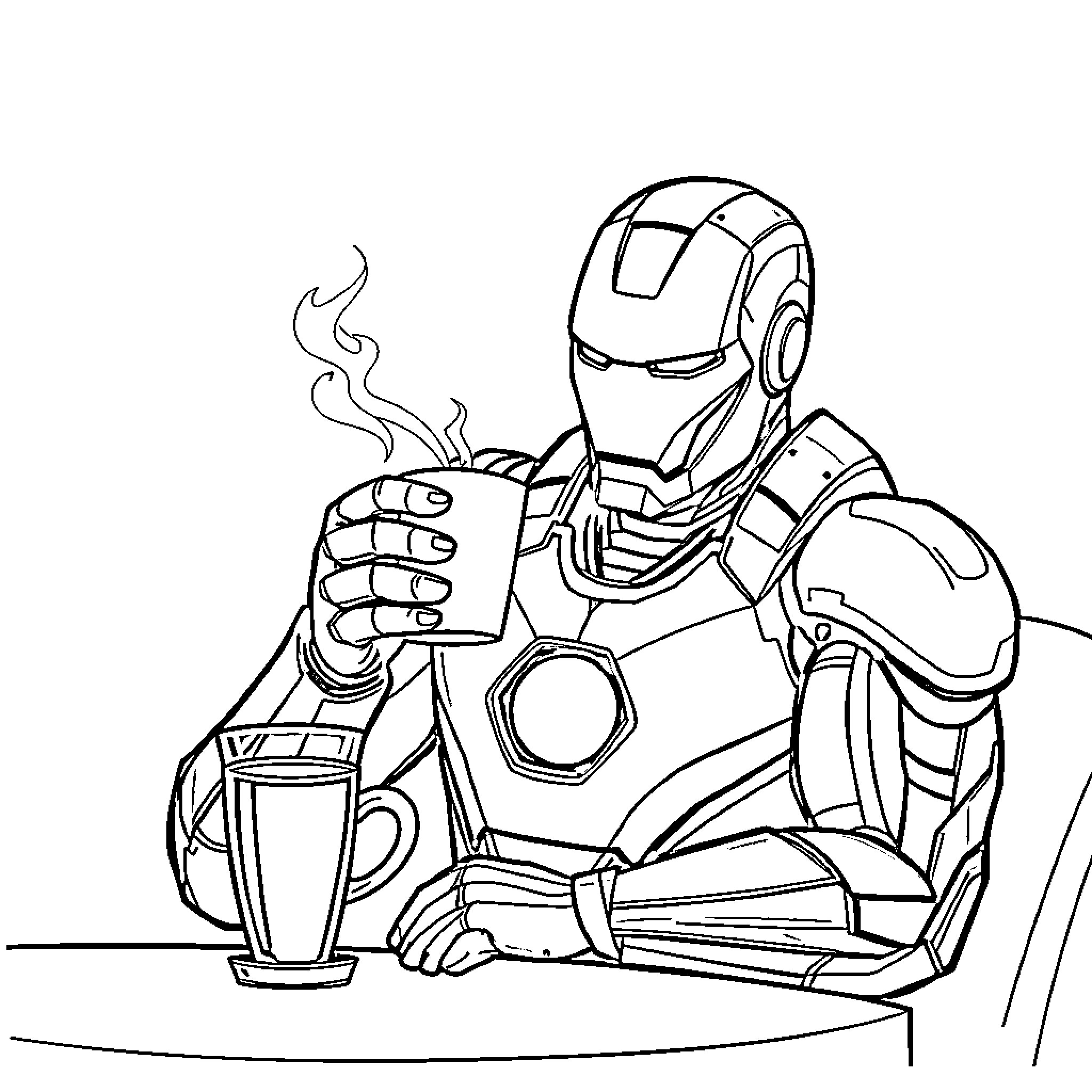 Iron Man resting with a hot beverage Coloring Page (free black-and-white line drawing printable PDF for all, from beginners to advanced learners, including children, teens, adults, and seniors)