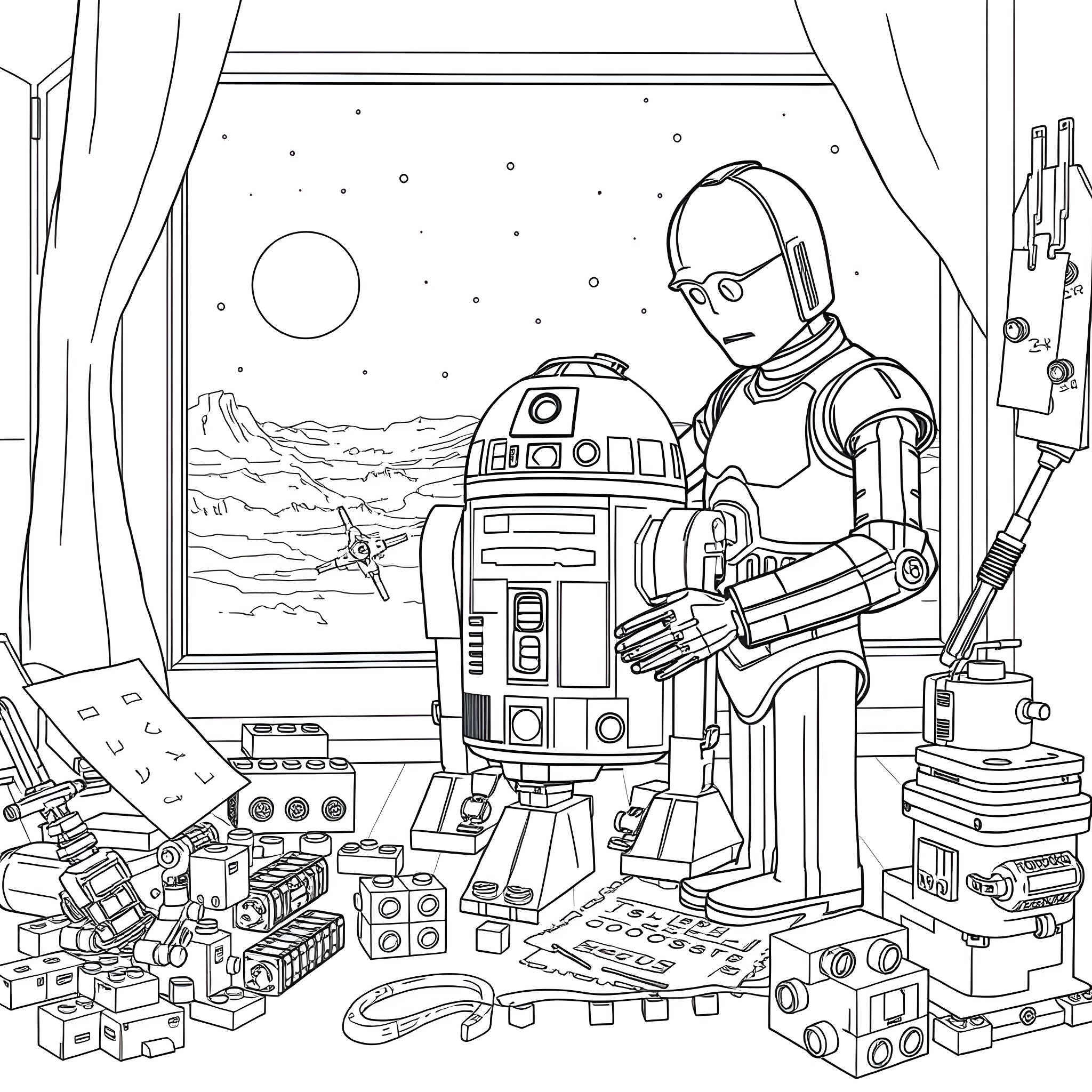 C3PO and R2-D2 in the Star Wars universe Coloring Page (free black-and-white line drawing printable PDF for all, from beginners to advanced learners, including children, teens, adults, and seniors)