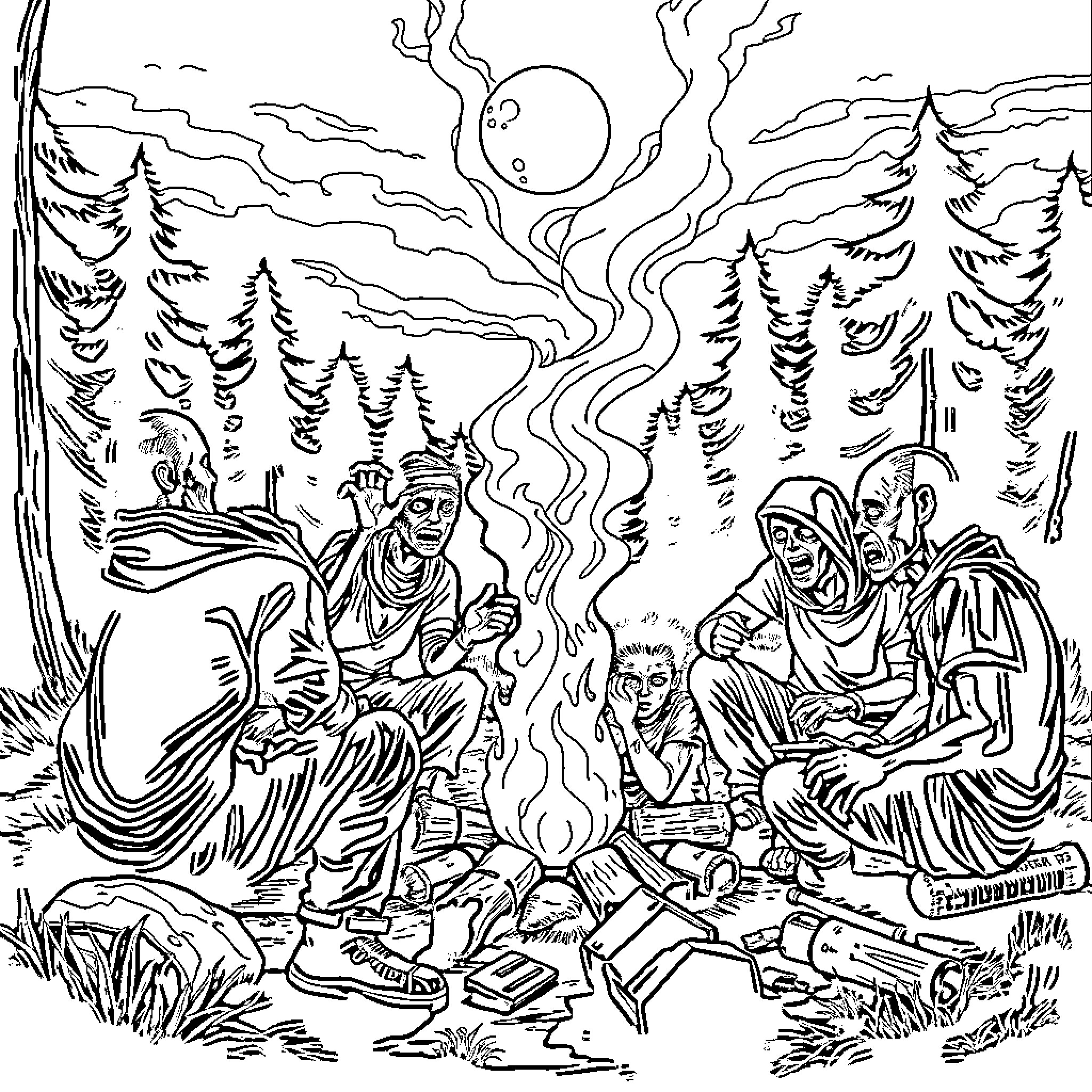 Zombie Survivor Seeking Shelter in the Wilderness Coloring Page (free black-and-white line drawing printable PDF for all, from beginners to advanced learners, including children, teens, adults, and seniors)
