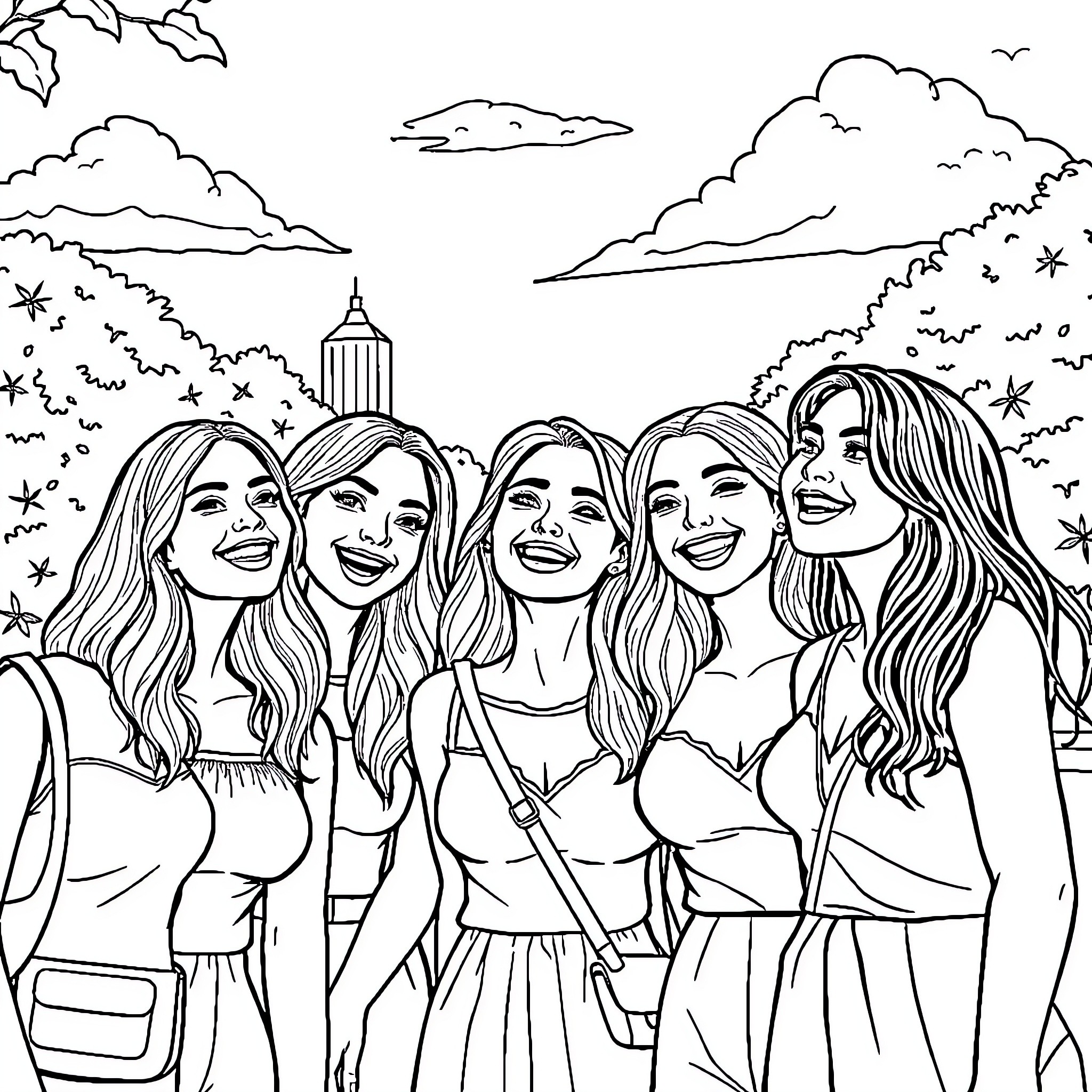Women enjoying a day out in the city Coloring Page (free black-and-white line drawing printable PDF for all, from beginners to advanced learners, including children, teens, adults, and seniors)
