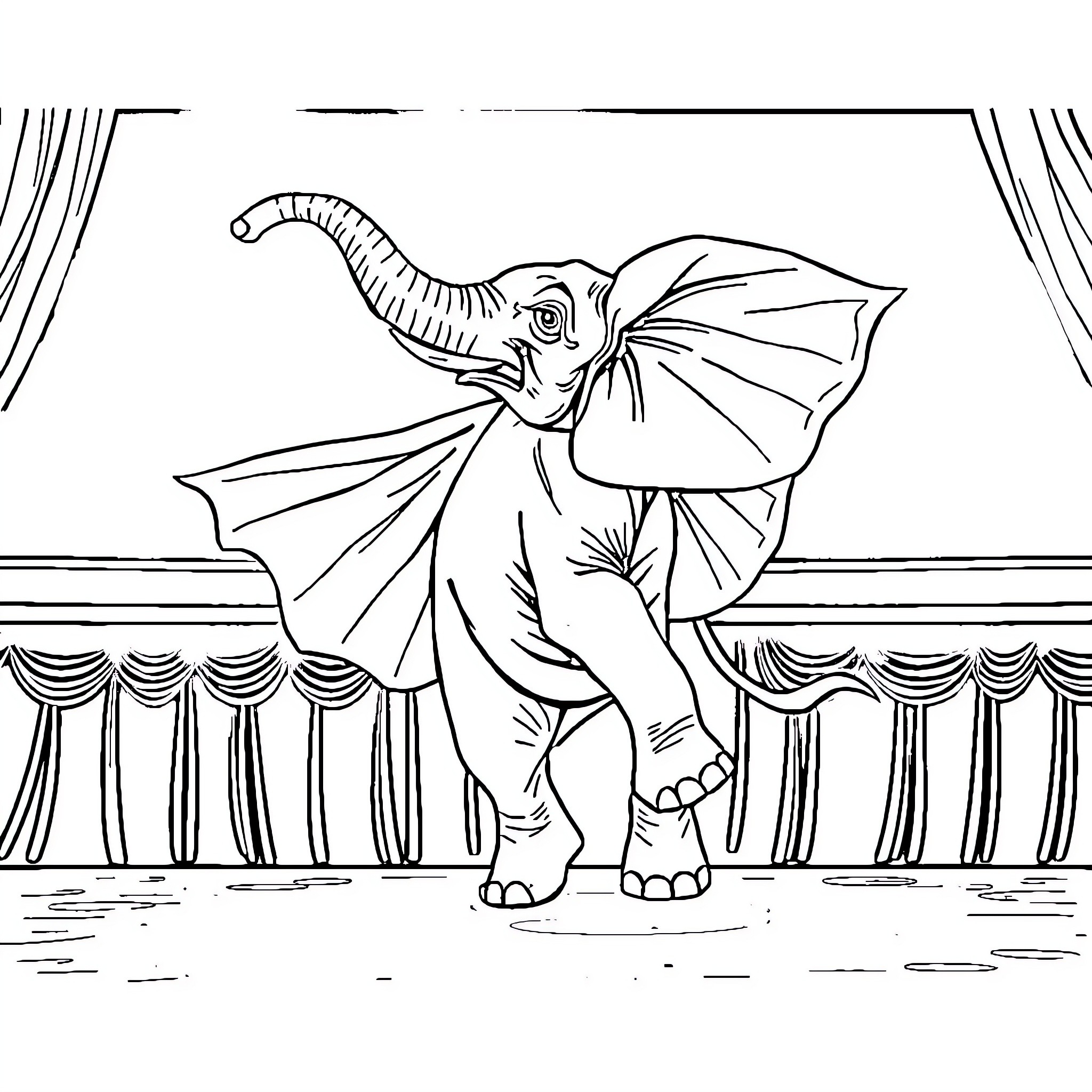 Elephant Performing in Circus Show Coloring Page (free black-and-white line drawing printable PDF for all, from beginners to advanced learners, including children, teens, adults, and seniors)
