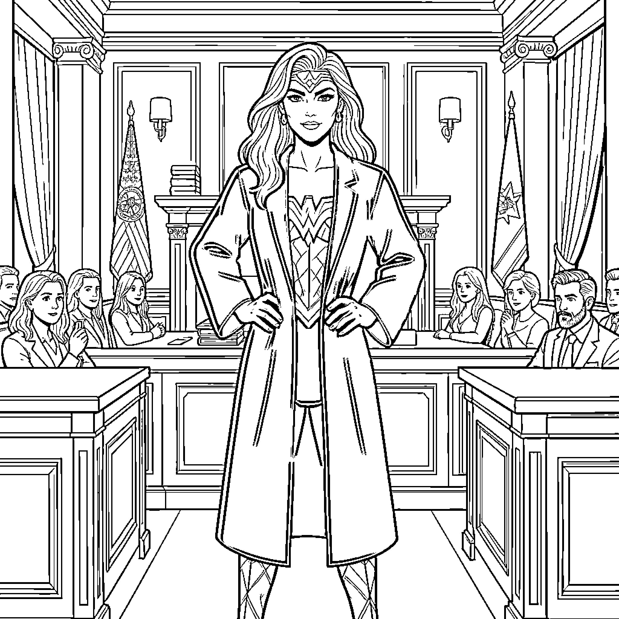 Wonder Woman in a Courtroom Setting Coloring Page (free black-and-white line drawing printable PDF for all, from beginners to advanced learners, including children, teens, adults, and seniors)