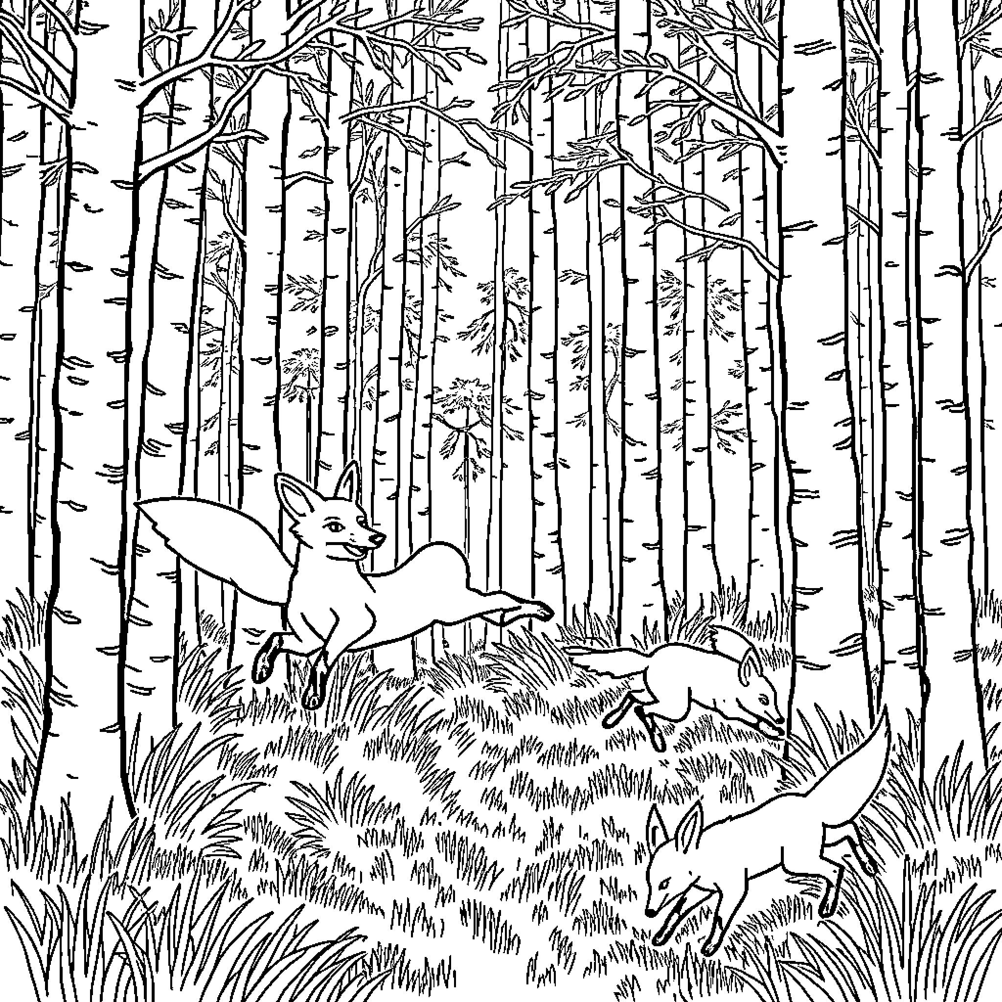 Fox Trio Roaming Through Enchanted Forest Coloring Page (free black-and-white line drawing printable PDF for all, from beginners to advanced learners, including children, teens, adults, and seniors)