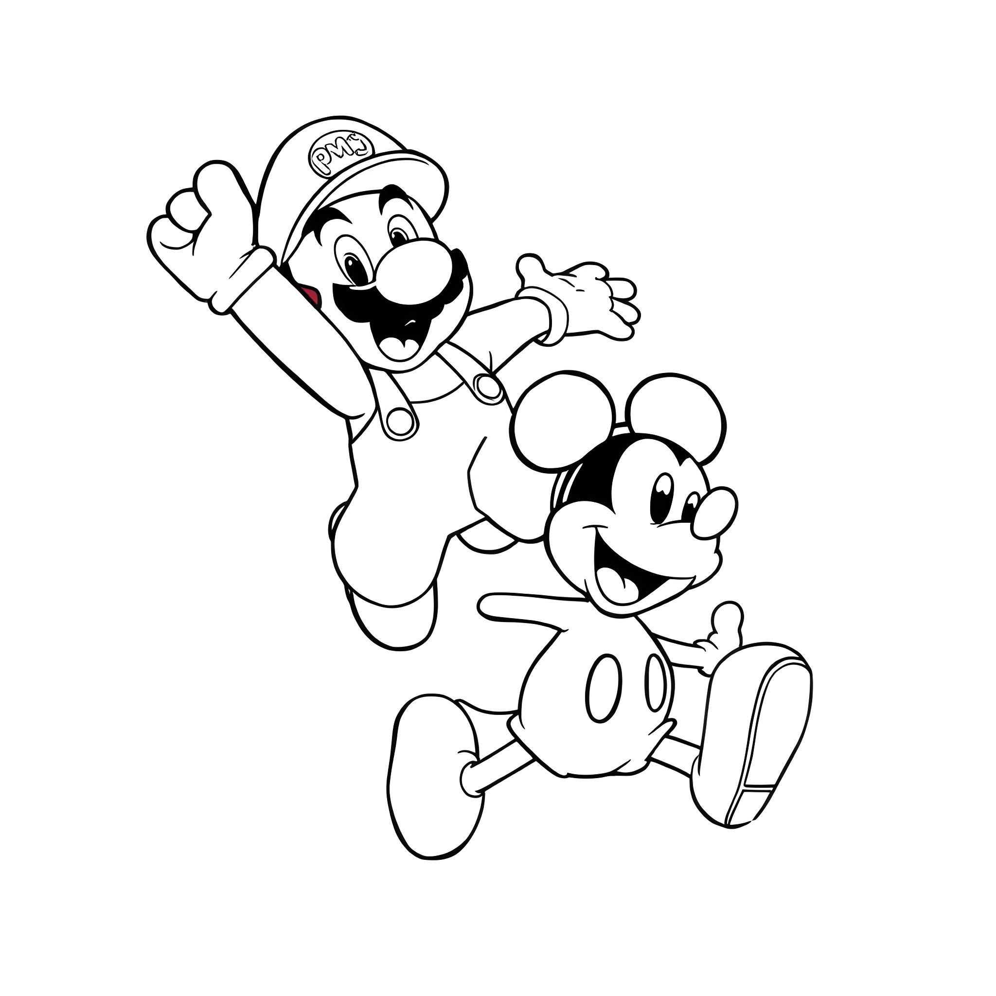 Mario and Mickey Mouse jumping happily Coloring Page (free black-and-white line drawing printable PDF for all, from beginners to advanced learners, including children, teens, adults, and seniors)