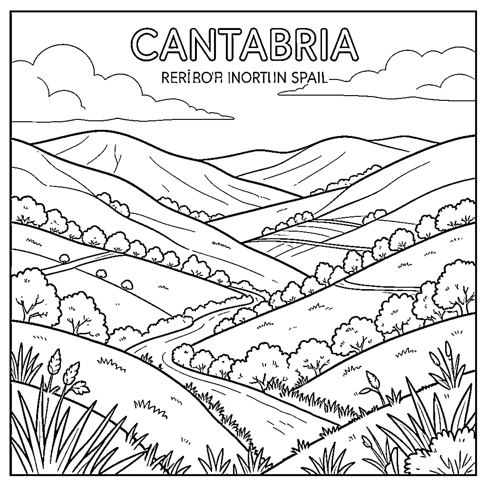 Cantabria: Scenic Landscape of Northern Spain Coloring Page (free black-and-white line drawing printable PDF for all, from beginners to advanced learners, including children, teens, adults, and seniors)