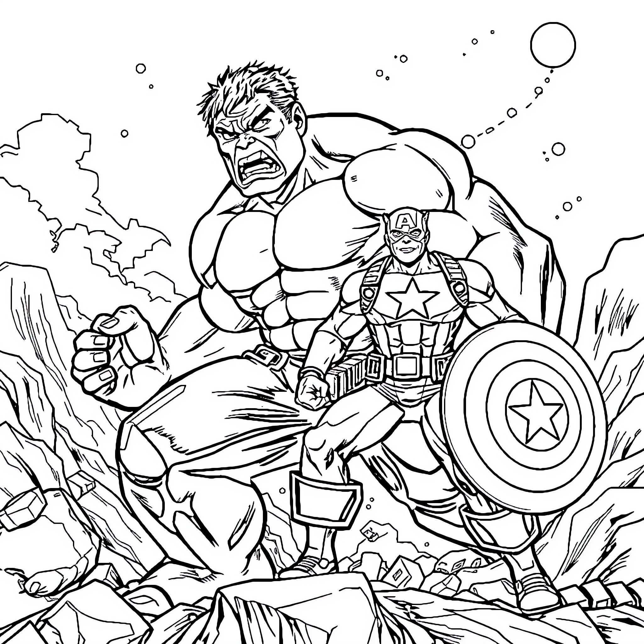 Hulk and Captain America battling together in the field Coloring Page (free black-and-white line drawing printable PDF for all, from beginners to advanced learners, including children, teens, adults, and seniors)
