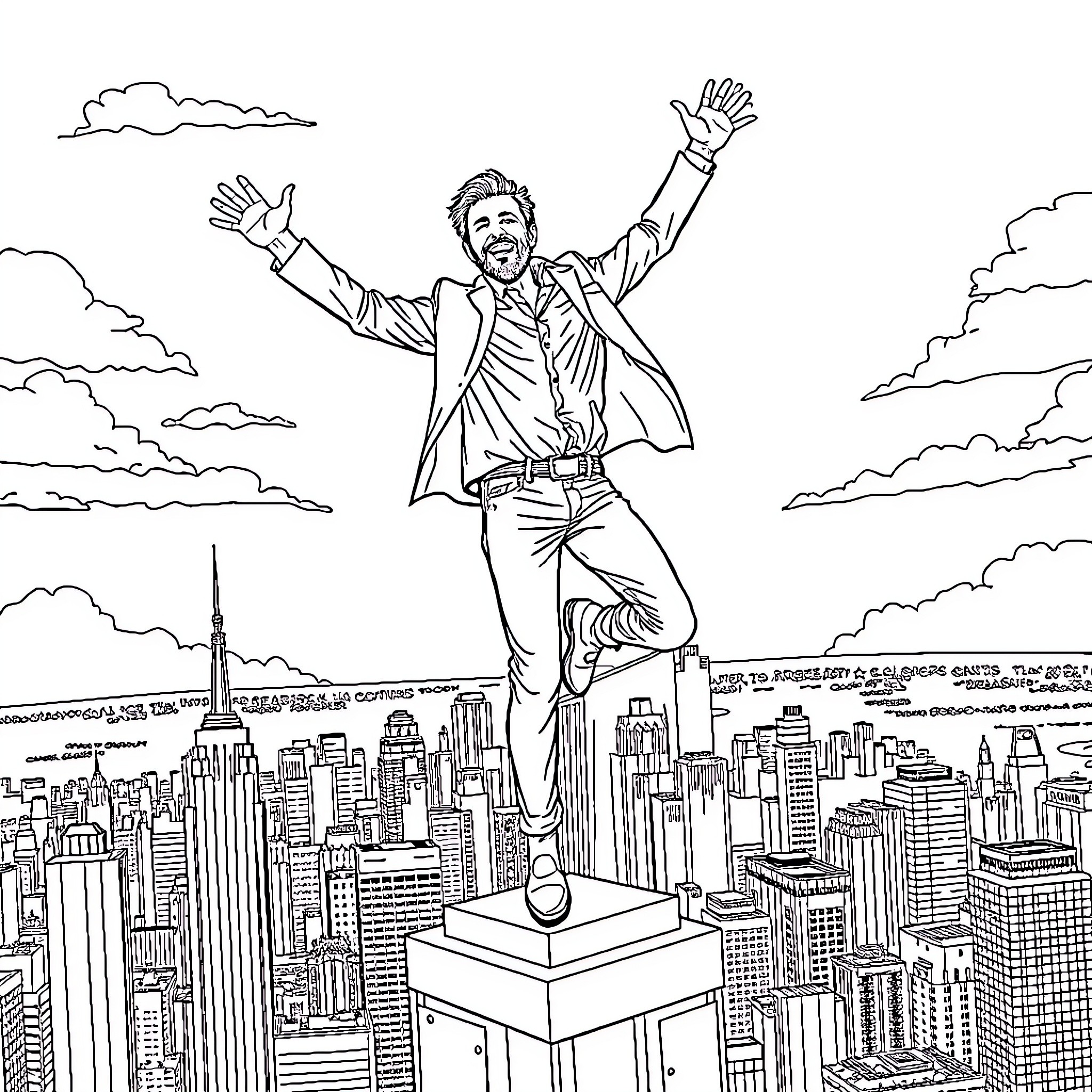 Chris Pratt triumphantly stands atop a city skyline Coloring Page (free black-and-white line drawing printable PDF for all, from beginners to advanced learners, including children, teens, adults, and seniors)