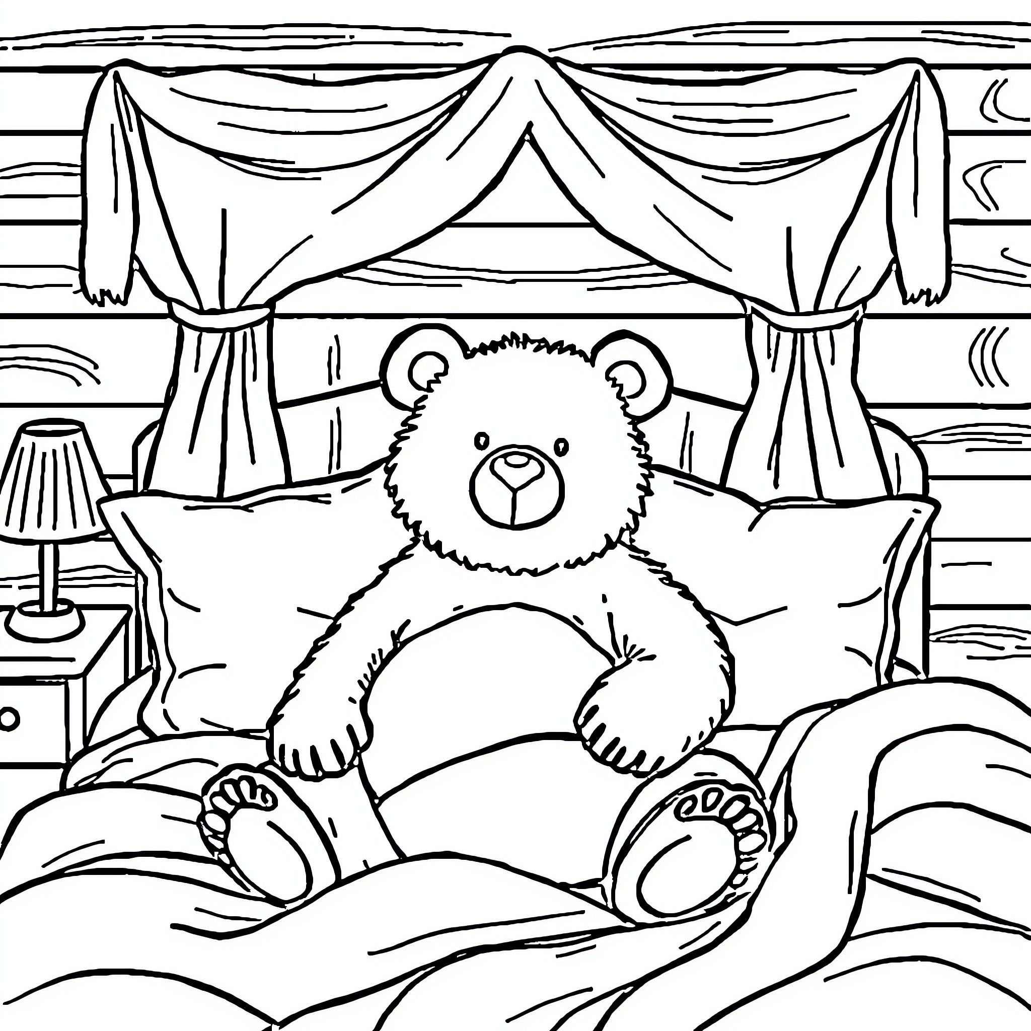 Bear sitting cozily on a bed Coloring Page (free black-and-white line drawing printable PDF for all, from beginners to advanced learners, including children, teens, adults, and seniors)