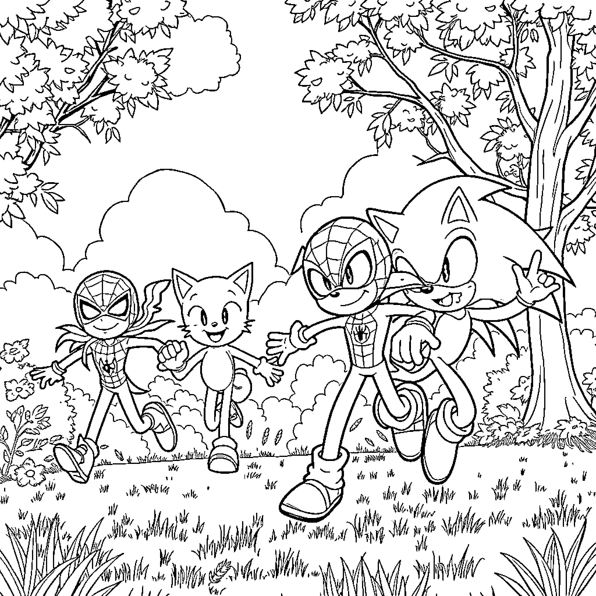 Spidey characters exploring a lush forest landscape Coloring Page (free black-and-white line drawing printable PDF for all, from beginners to advanced learners, including children, teens, adults, and seniors)