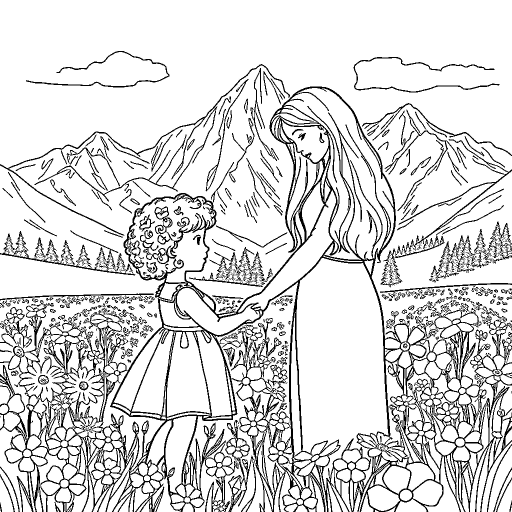 Girl and mother walking through floral meadow Coloring Page (free black-and-white line drawing printable PDF for all, from beginners to advanced learners, including children, teens, adults, and seniors)