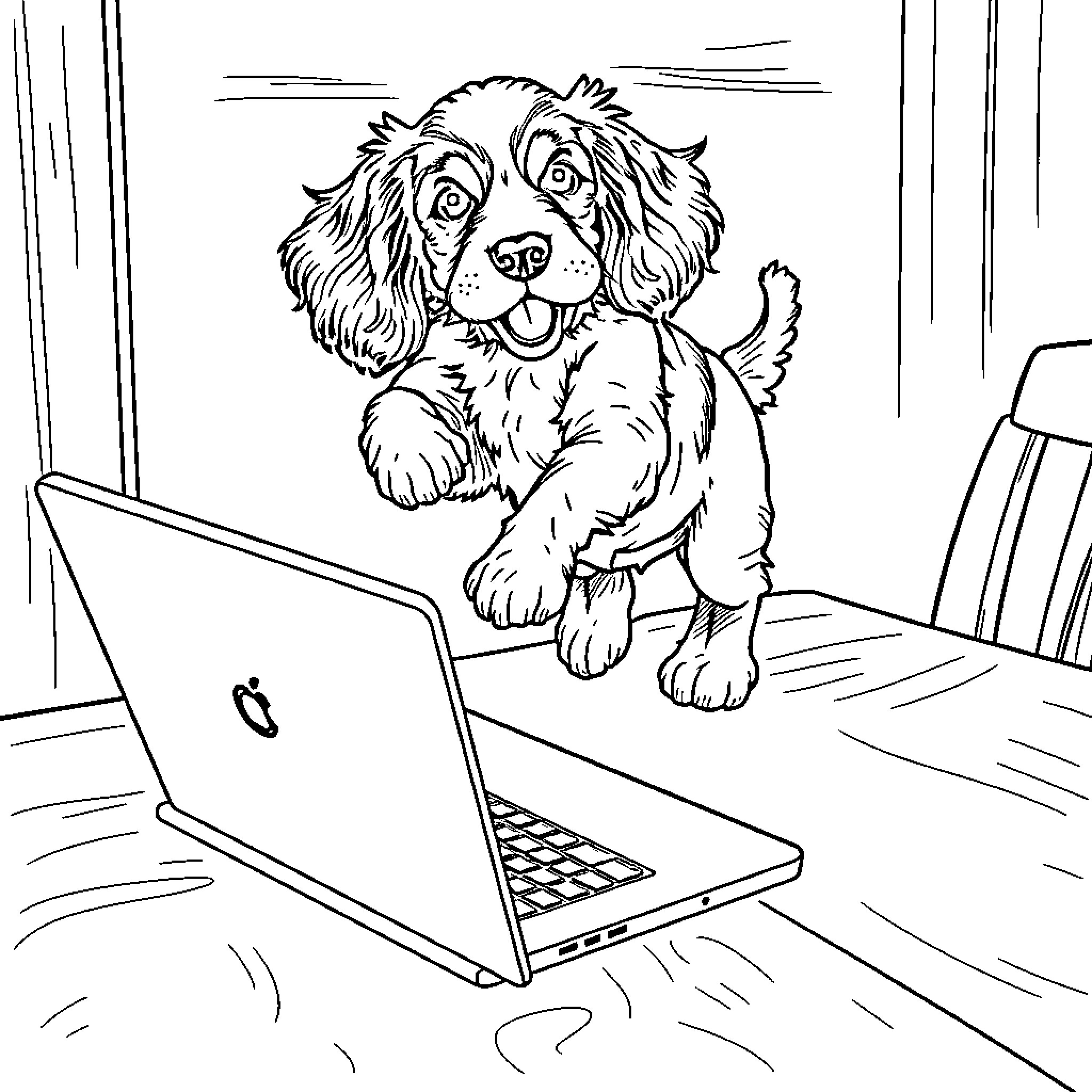 Cocker Spaniel working on laptop in home office Coloring Page (free black-and-white line drawing printable PDF for all, from beginners to advanced learners, including children, teens, adults, and seniors)