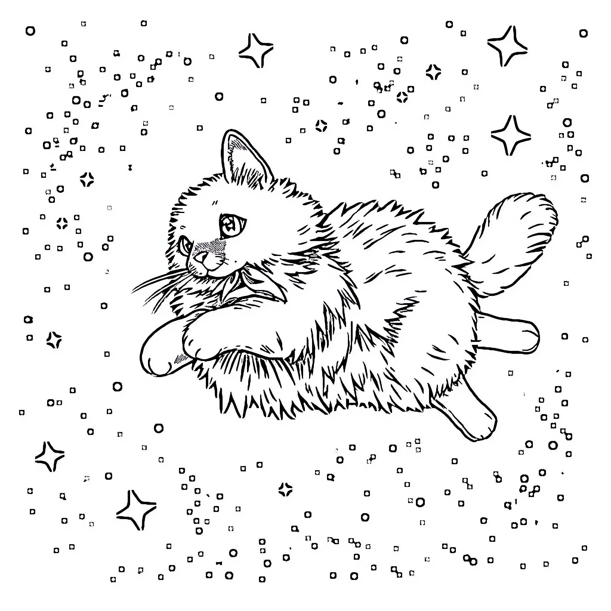 Cat playing among the stars Coloring Page (free black-and-white line drawing printable PDF for all, from beginners to advanced learners, including children, teens, adults, and seniors)