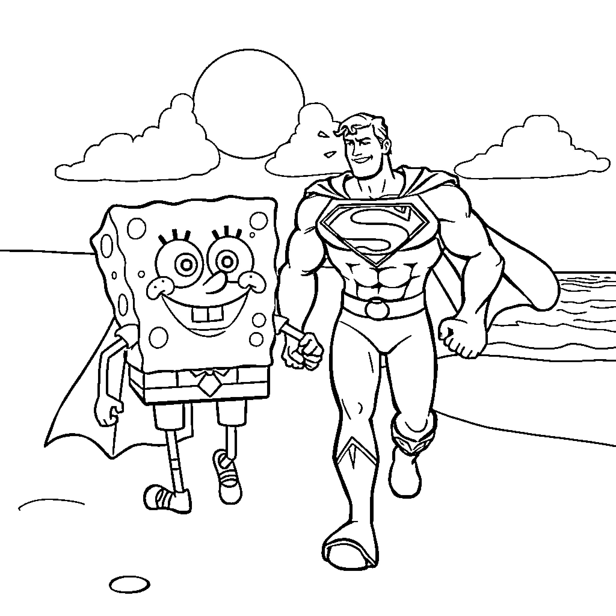Spongebob and Superman team up for an adventure Coloring Page (free black-and-white line drawing printable PDF for all, from beginners to advanced learners, including children, teens, adults, and seniors)