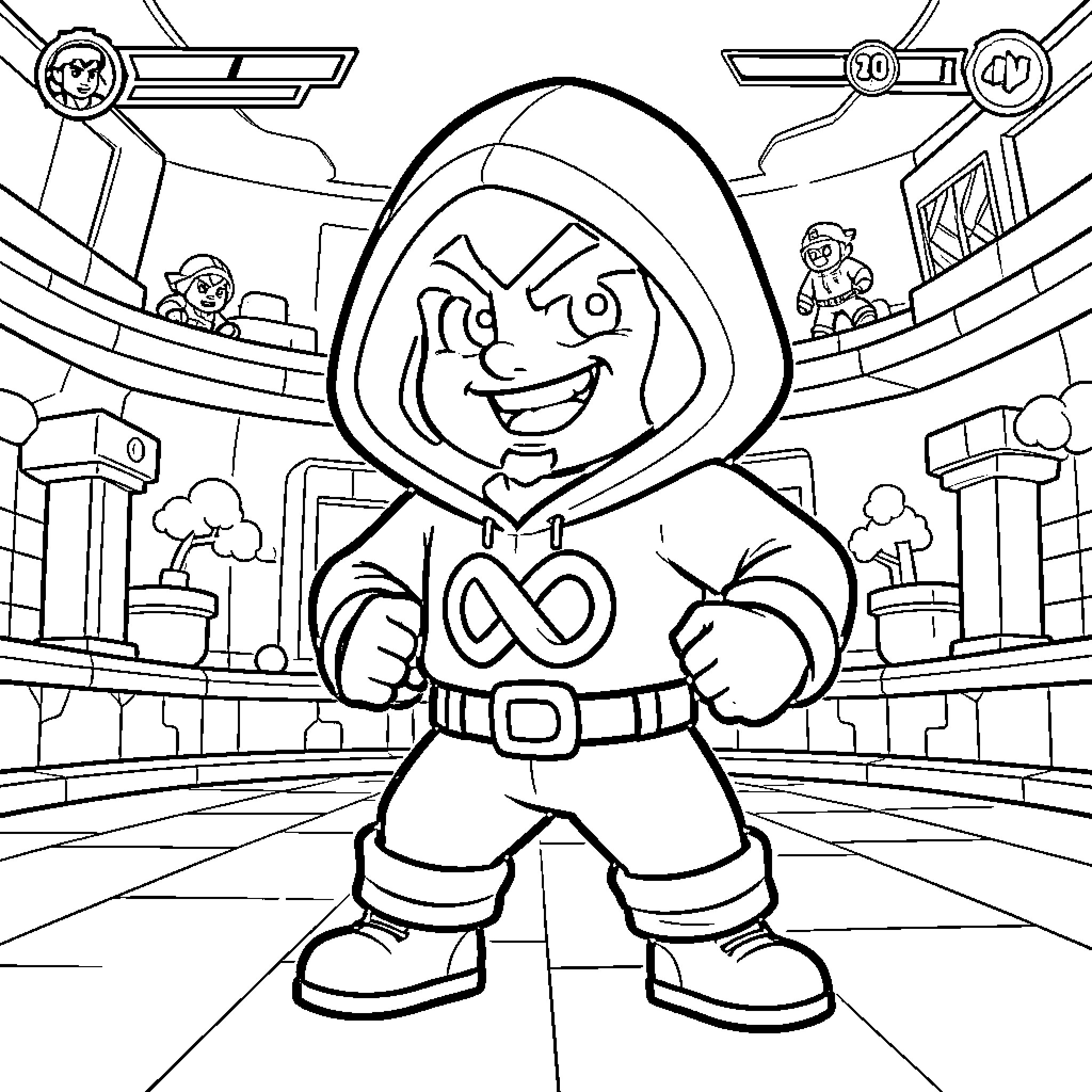 Edgar standing confidently in a fighting arena Coloring Page (free black-and-white line drawing printable PDF for all, from beginners to advanced learners, including children, teens, adults, and seniors)