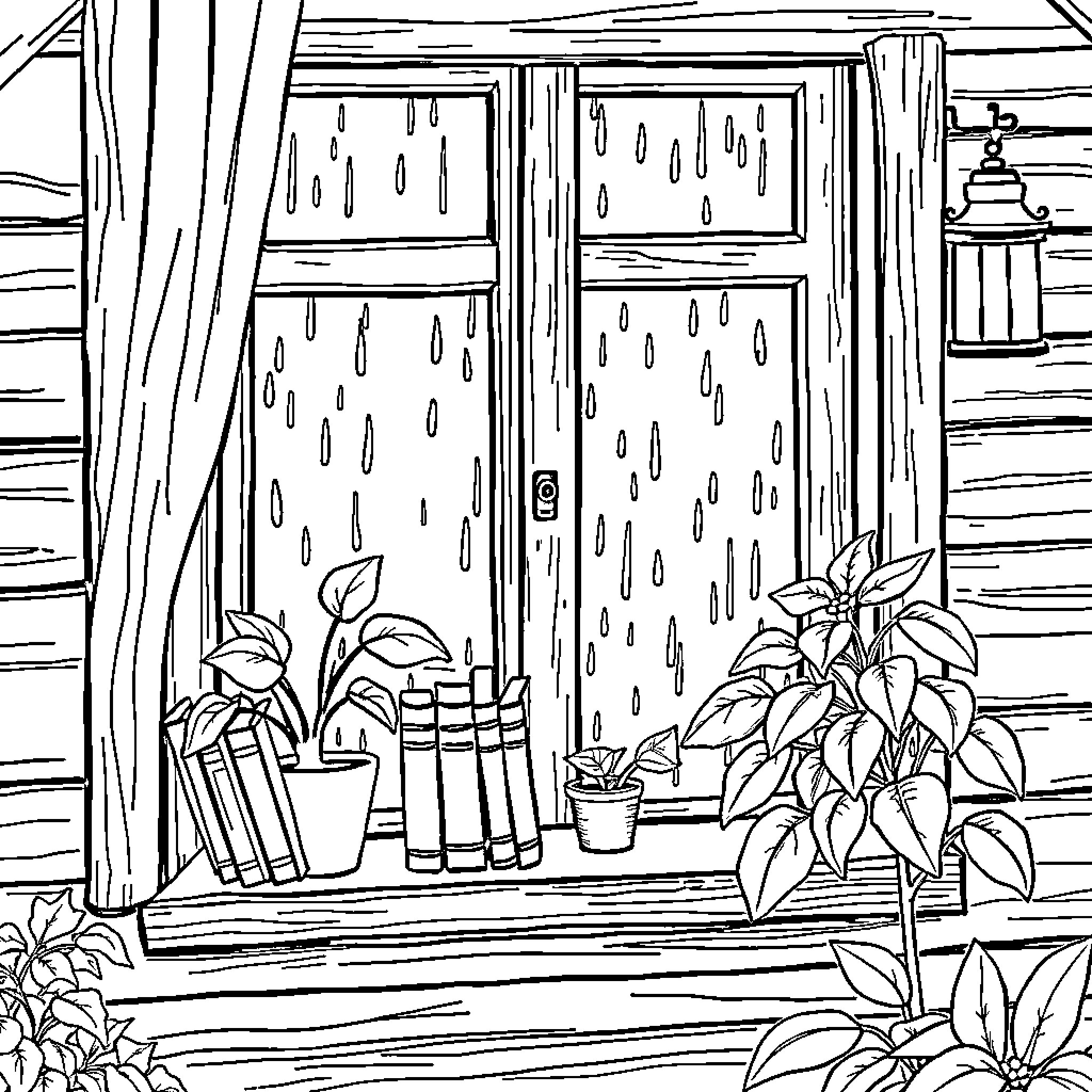 Book of Cozy Cottage Window View Coloring Page (free black-and-white line drawing printable PDF for all, from beginners to advanced learners, including children, teens, adults, and seniors)