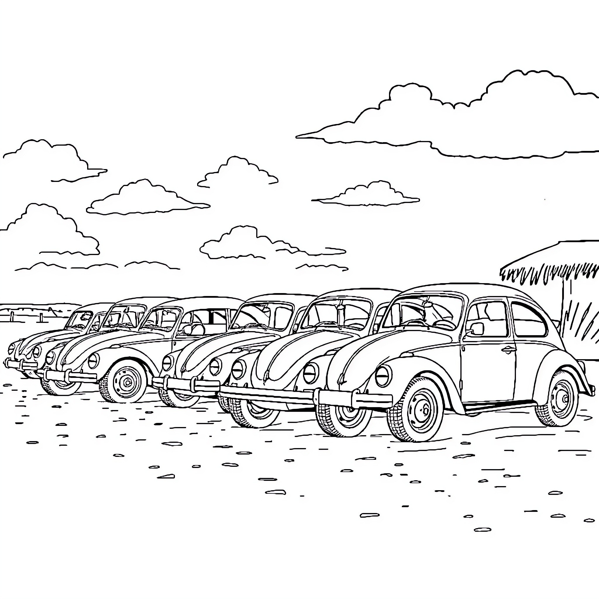 Buggy vintage cars parked in a field Coloring Page (free black-and-white line drawing printable PDF for all, from beginners to advanced learners, including children, teens, adults, and seniors)