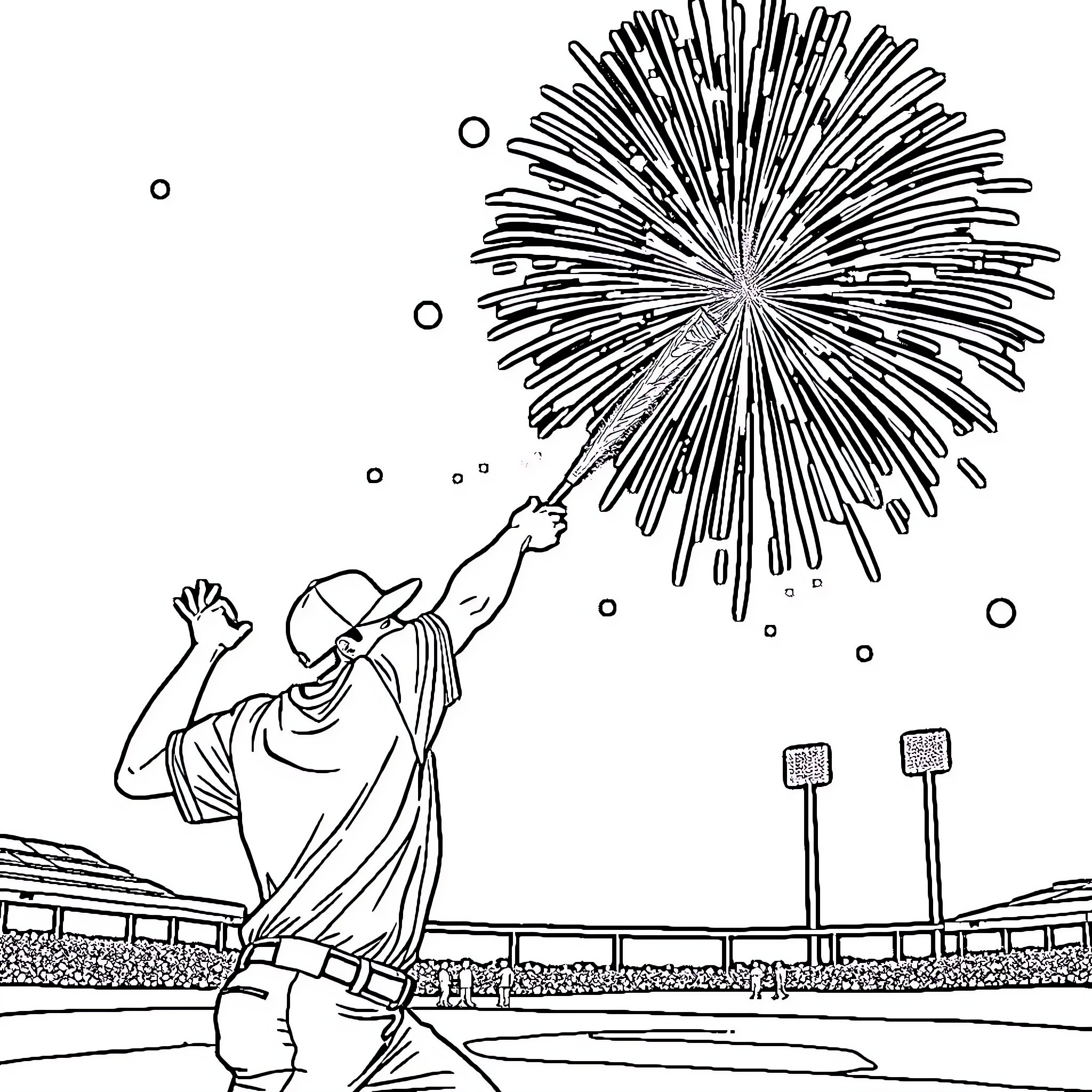 Baseball Player Celebrating Victory with Fireworks Display Coloring Page (free black-and-white line drawing printable PDF for all, from beginners to advanced learners, including children, teens, adults, and seniors)