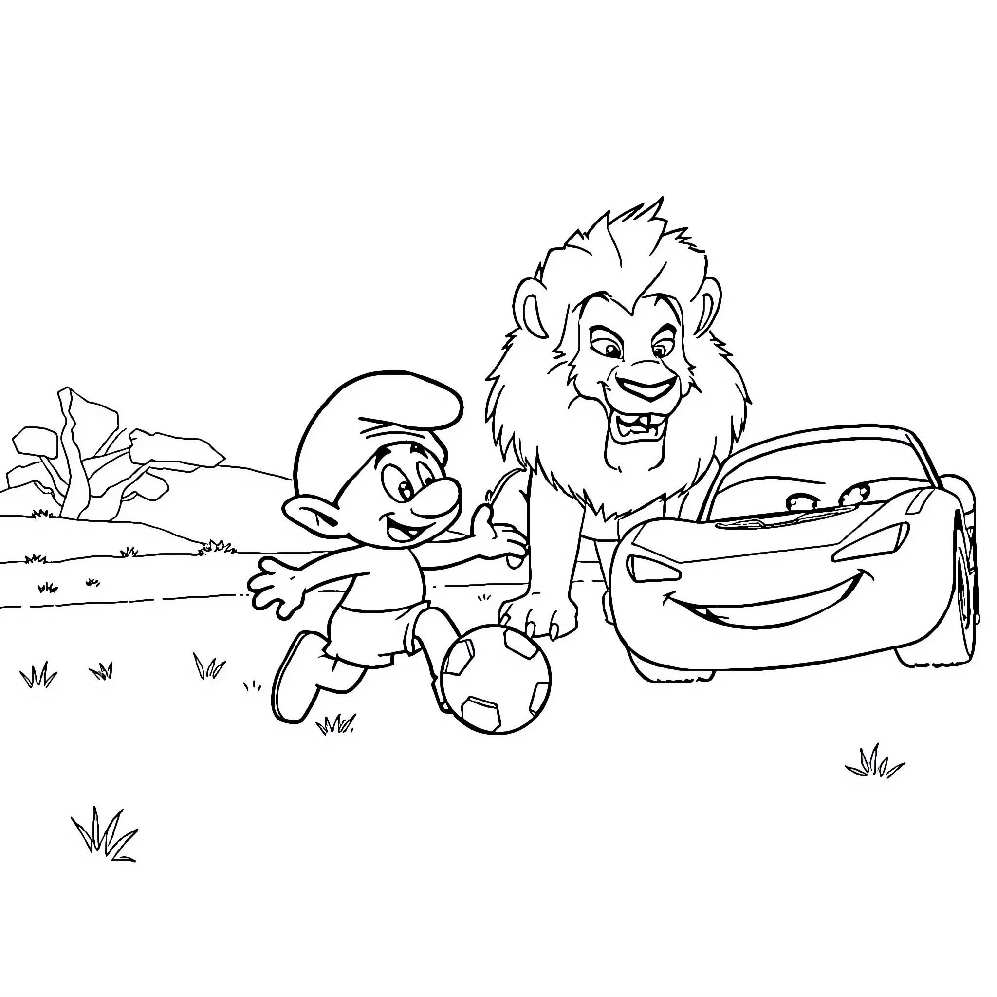 Smurf and Lion playing together in the wild Coloring Page (free black-and-white line drawing printable PDF for all, from beginners to advanced learners, including children, teens, adults, and seniors)