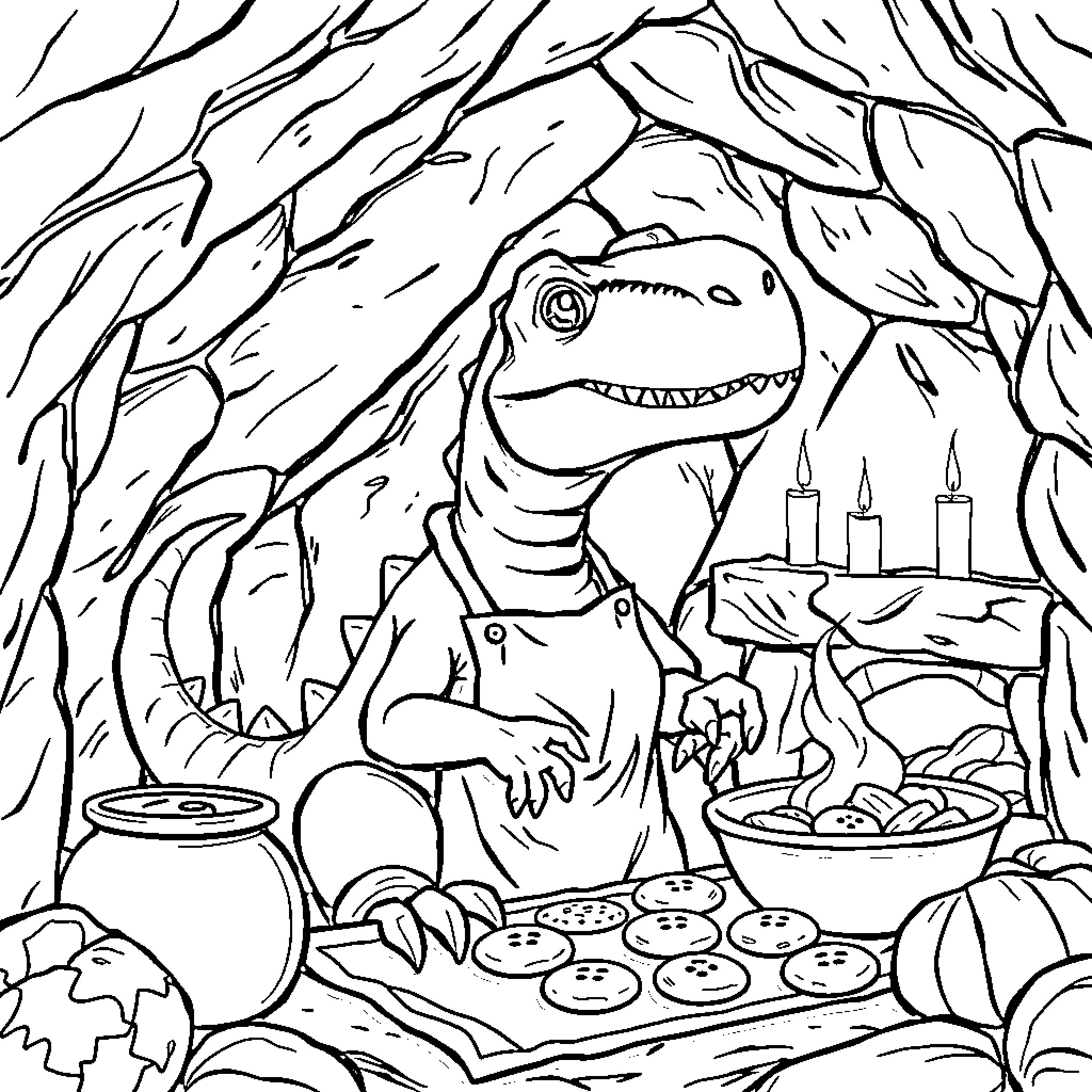Dinosaur baking cookies in a cozy cave Coloring Page (free black-and-white line drawing printable PDF for all, from beginners to advanced learners, including children, teens, adults, and seniors)