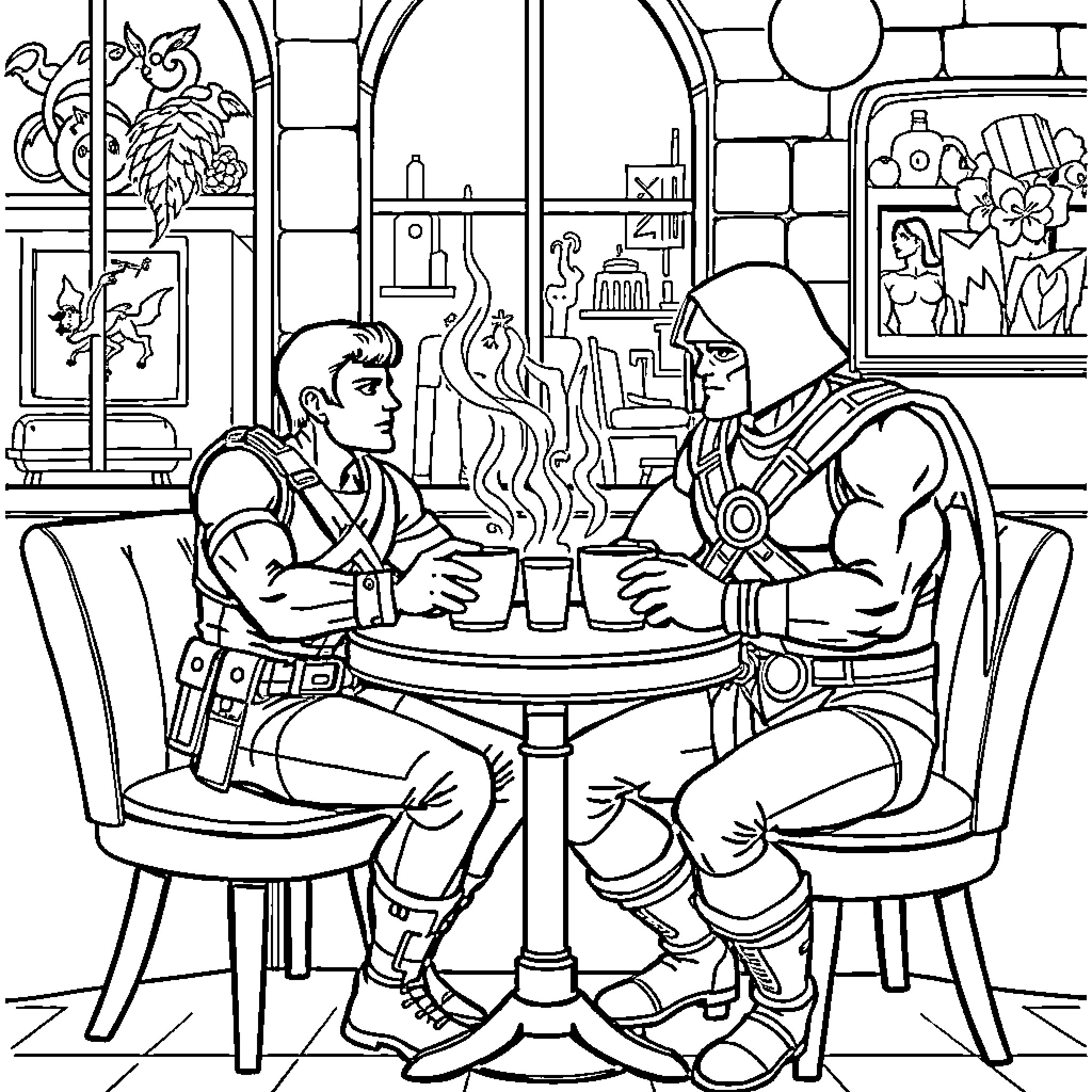 GI Joe characters dining together in an expressive setting Coloring Page (free black-and-white line drawing printable PDF for all, from beginners to advanced learners, including children, teens, adults, and seniors)
