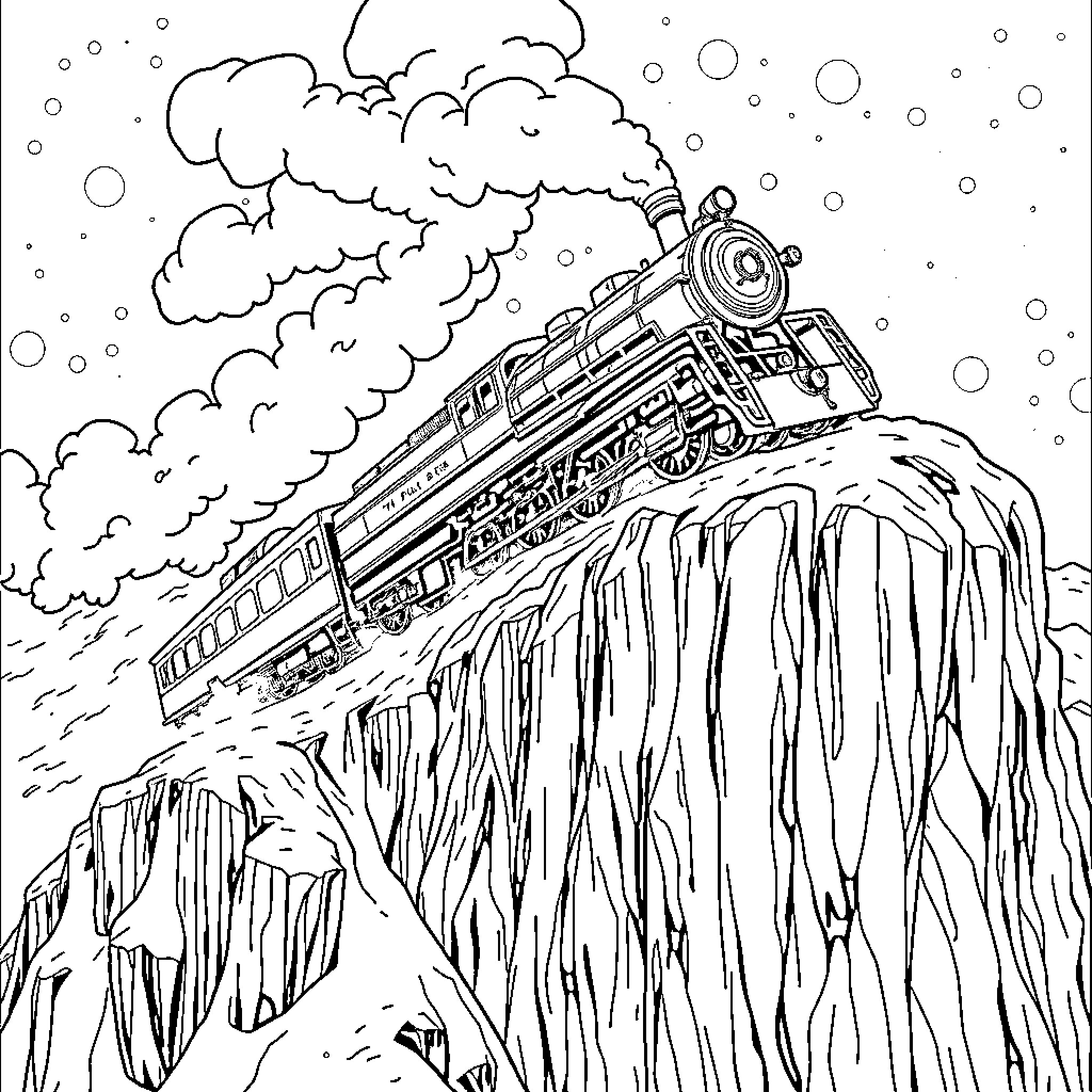 Polar Express train crossing snowy mountain landscape Coloring Page (free black-and-white line drawing printable PDF for all, from beginners to advanced learners, including children, teens, adults, and seniors)