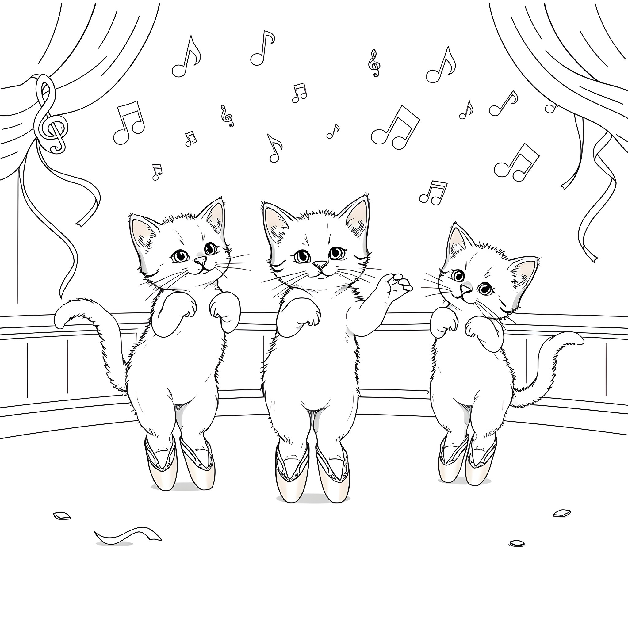 Ballerina kittens dancing to music on stage Coloring Page (free black-and-white line drawing printable PDF for all, from beginners to advanced learners, including children, teens, adults, and seniors)