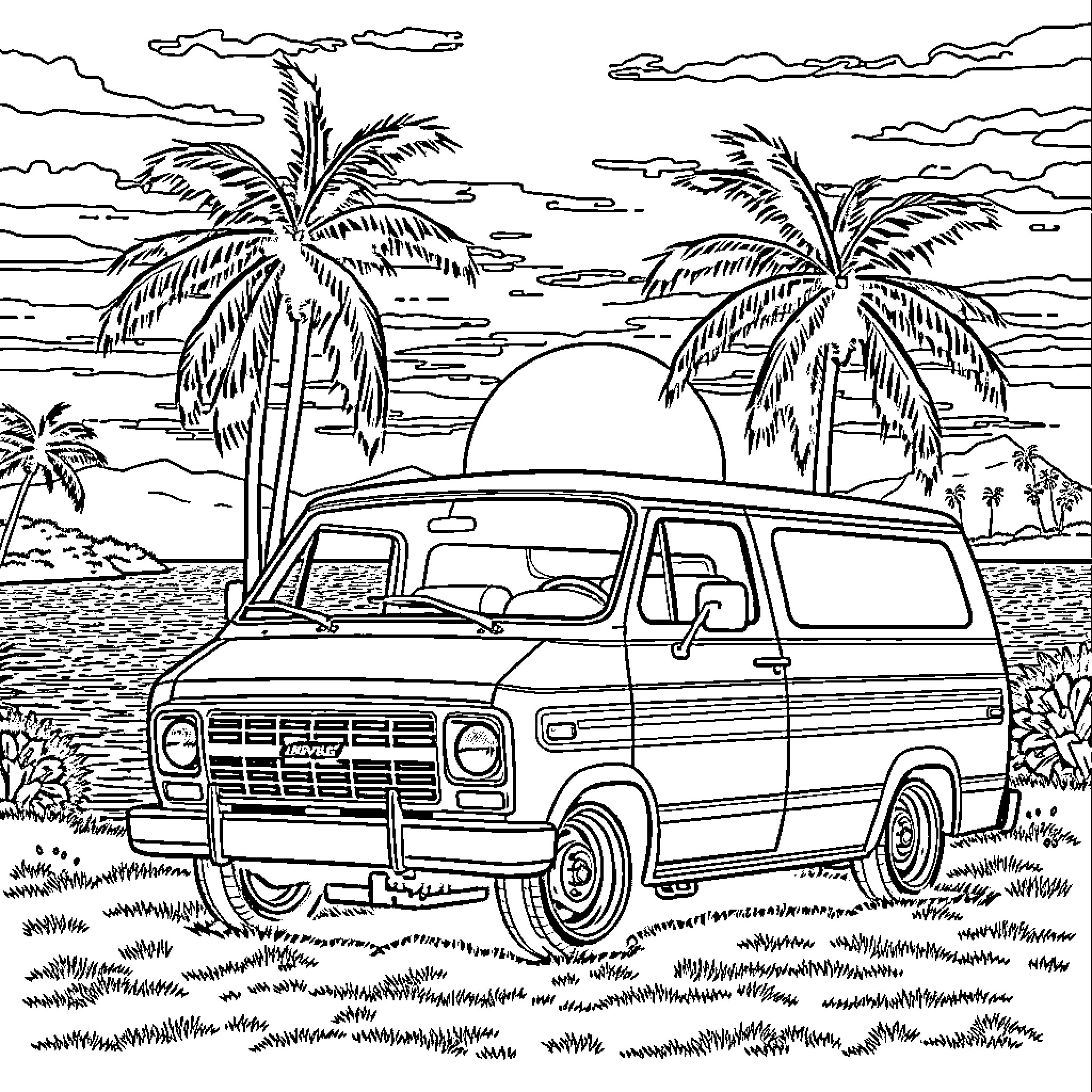 Chevy van cruising through tropical paradise Coloring Page (free black-and-white line drawing printable PDF for all, from beginners to advanced learners, including children, teens, adults, and seniors)