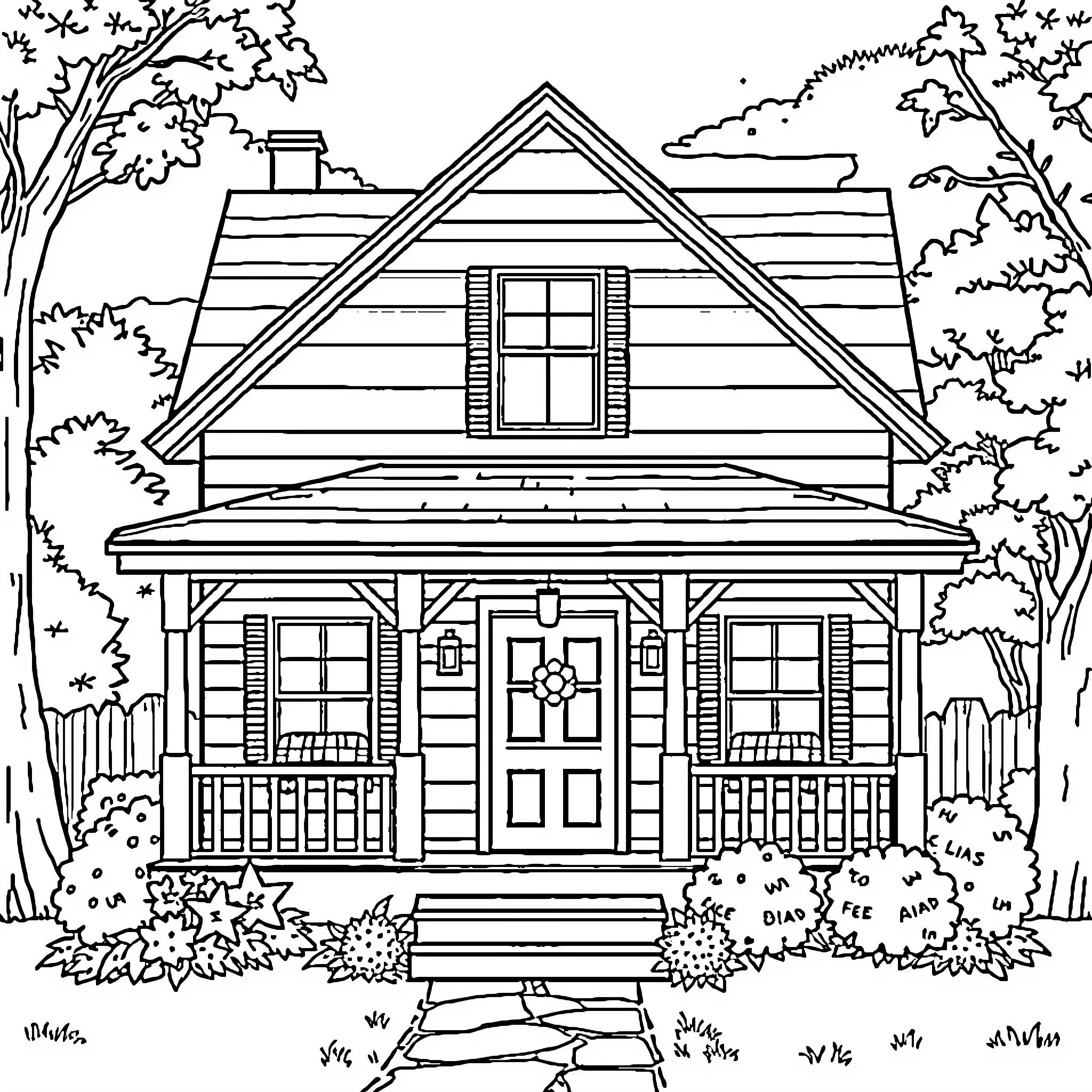 House with Porch and Trees in a Countryside Setting Coloring Page (free black-and-white line drawing printable PDF for all, from beginners to advanced learners, including children, teens, adults, and seniors)