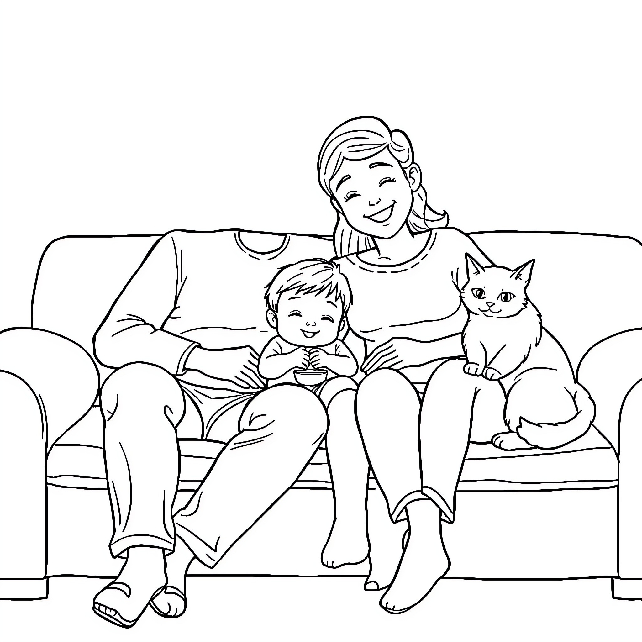 Family Enjoying Casual Time Together Coloring Page (free black-and-white line drawing printable PDF for all, from beginners to advanced learners, including children, teens, adults, and seniors)