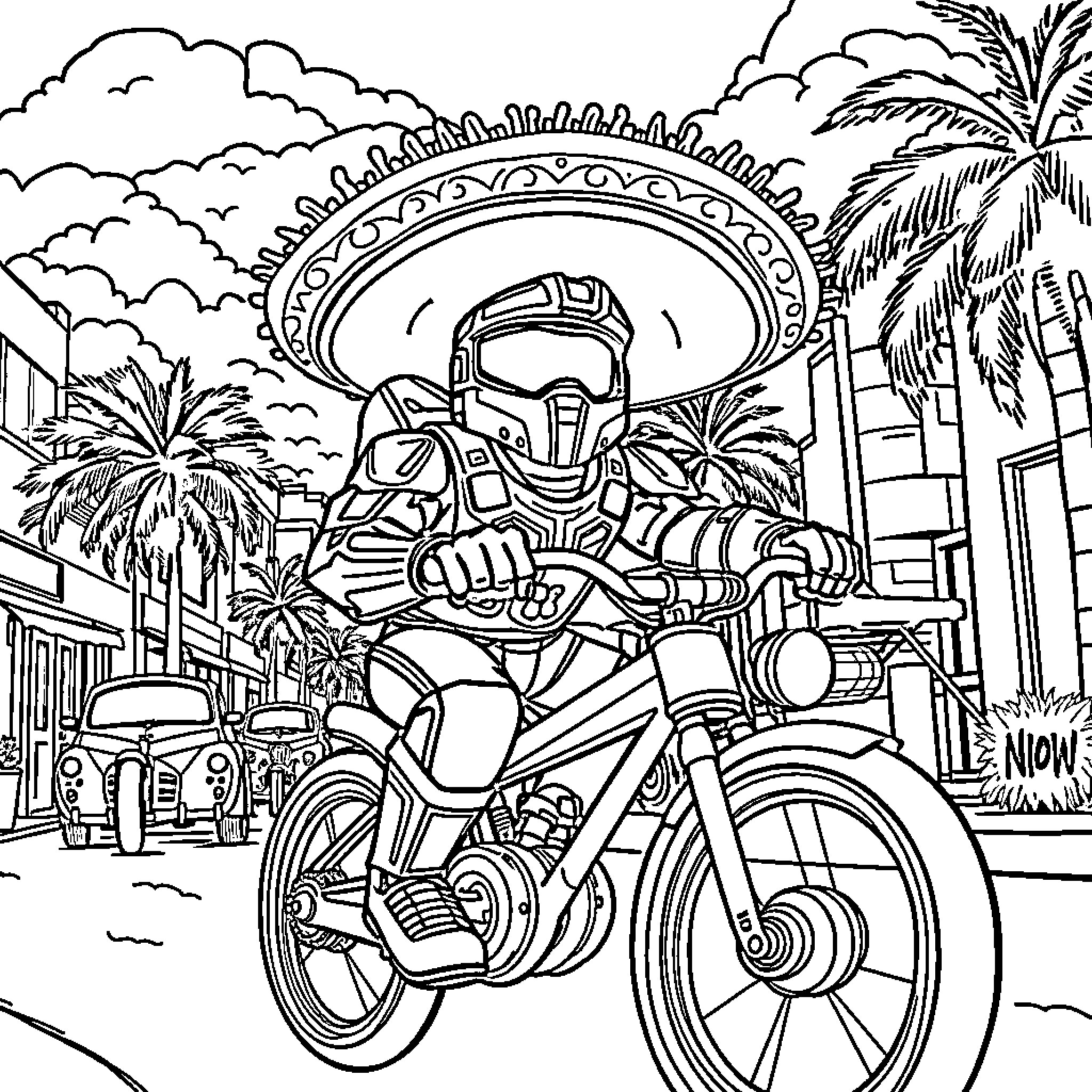 Master Chief riding a motorcycle through a tropical city Coloring Page (free black-and-white line drawing printable PDF for all, from beginners to advanced learners, including children, teens, adults, and seniors)