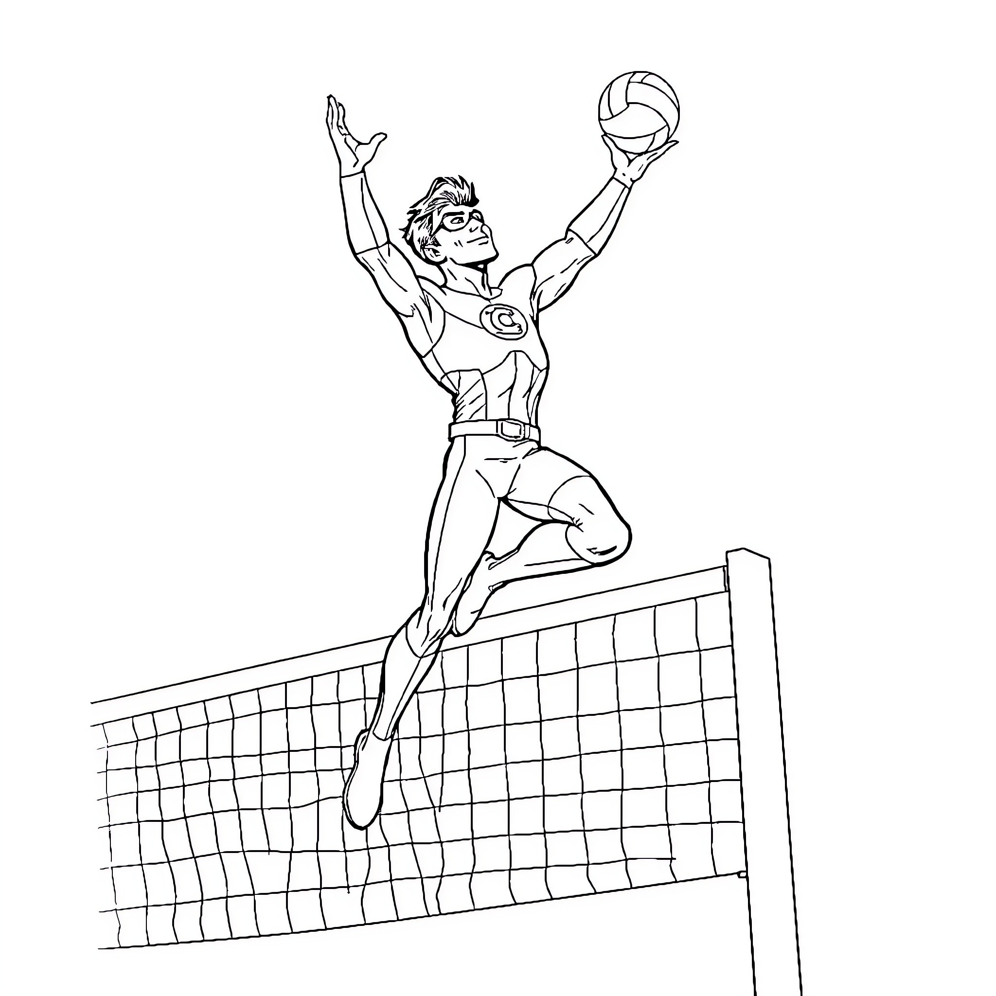 Green Lantern Superhero Playing Volleyball Coloring Page (free black-and-white line drawing printable PDF for all, from beginners to advanced learners, including children, teens, adults, and seniors)