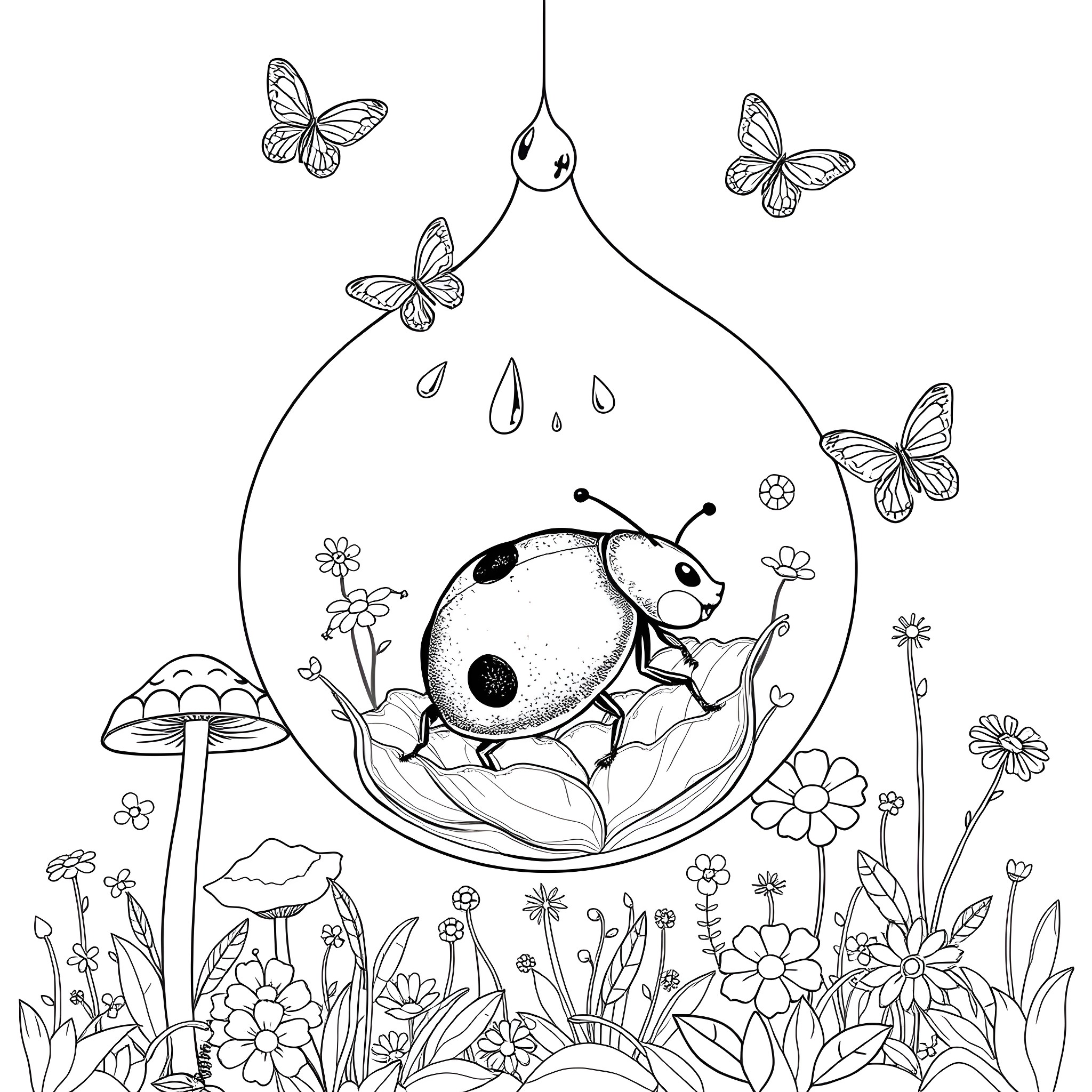Ladybug resting in a raindrop surrounded by butterflies and flowers Coloring Page (free black-and-white line drawing printable PDF for all, from beginners to advanced learners, including children, teens, adults, and seniors)