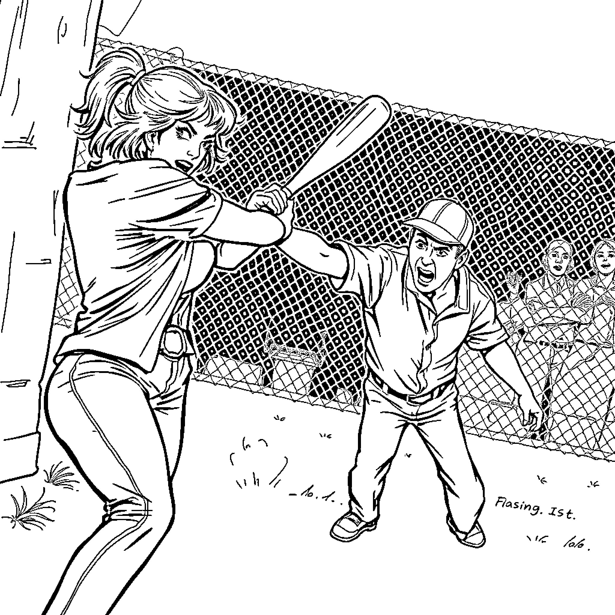 Woman confronting a man near a fence Coloring Page (free black-and-white line drawing printable PDF for all, from beginners to advanced learners, including children, teens, adults, and seniors)