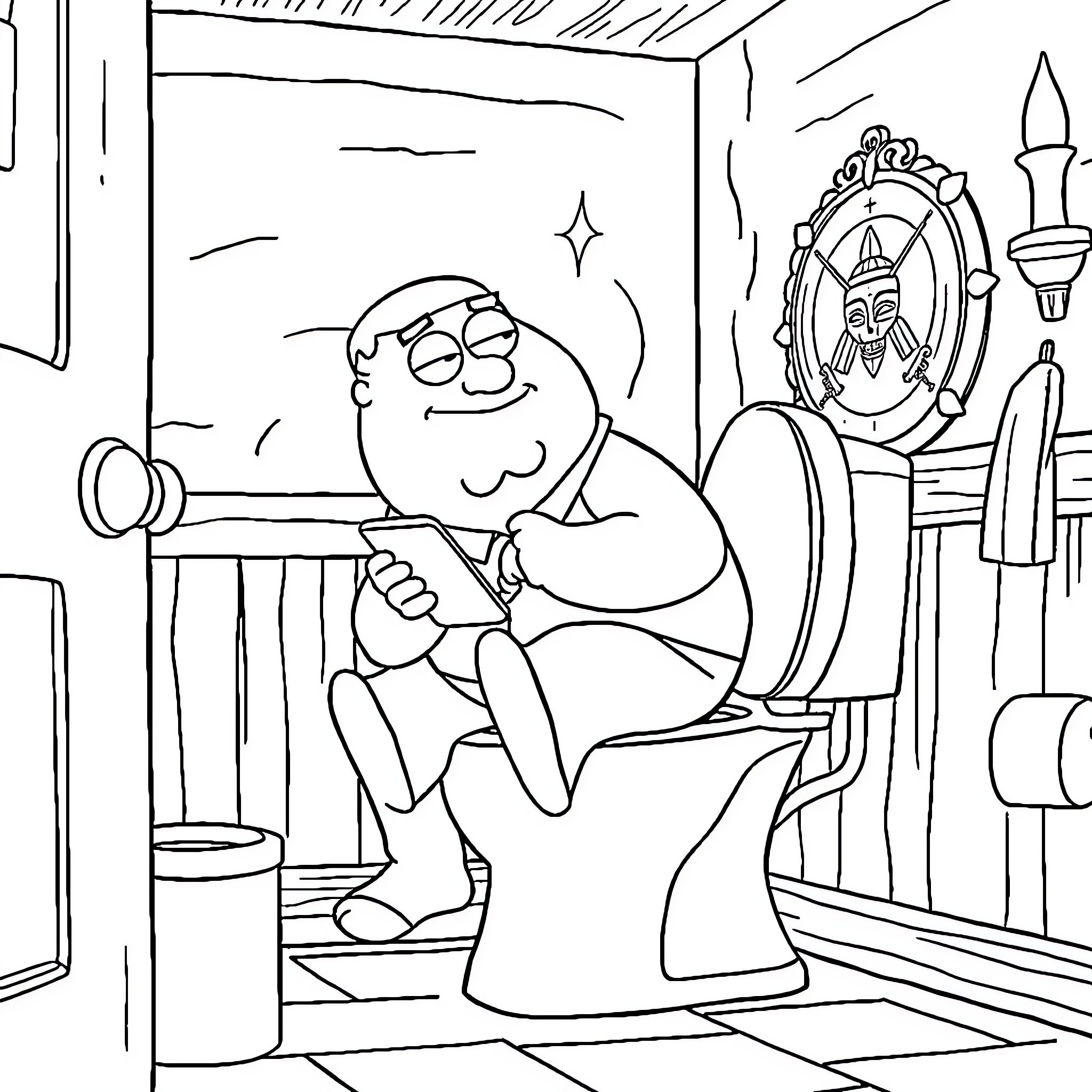 Peter Griffin relaxing on the toilet in his bathroom Coloring Page (free black-and-white line drawing printable PDF for all, from beginners to advanced learners, including children, teens, adults, and seniors)