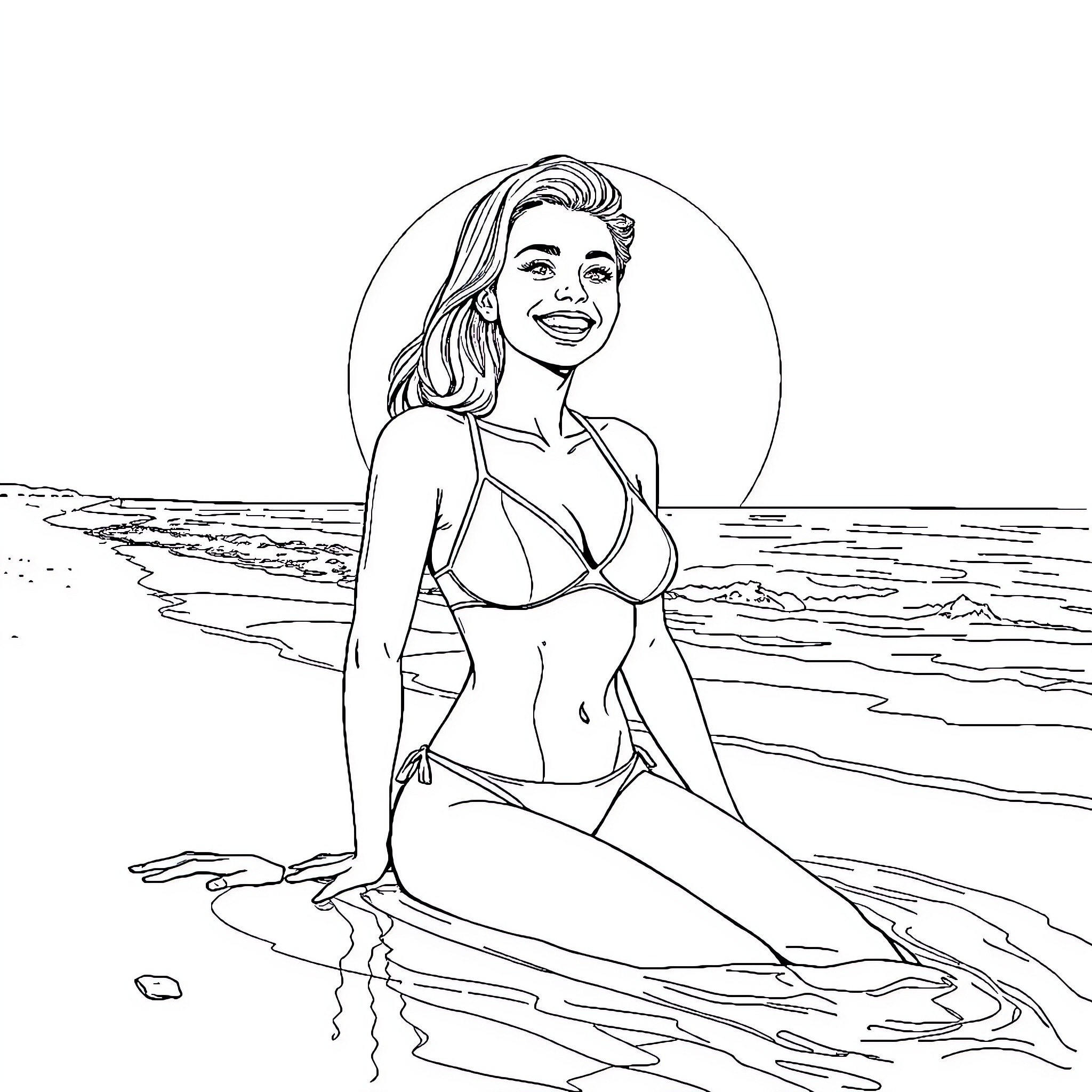 Femme enjoying the sun on the beach Coloring Page (free black-and-white line drawing printable PDF for all, from beginners to advanced learners, including children, teens, adults, and seniors)