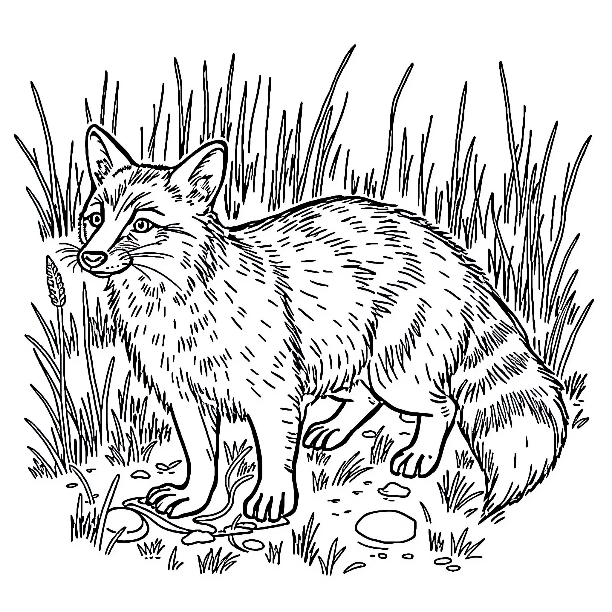 Fox hiding in tall grass Coloring Page (free black-and-white line drawing printable PDF for all, from beginners to advanced learners, including children, teens, adults, and seniors)