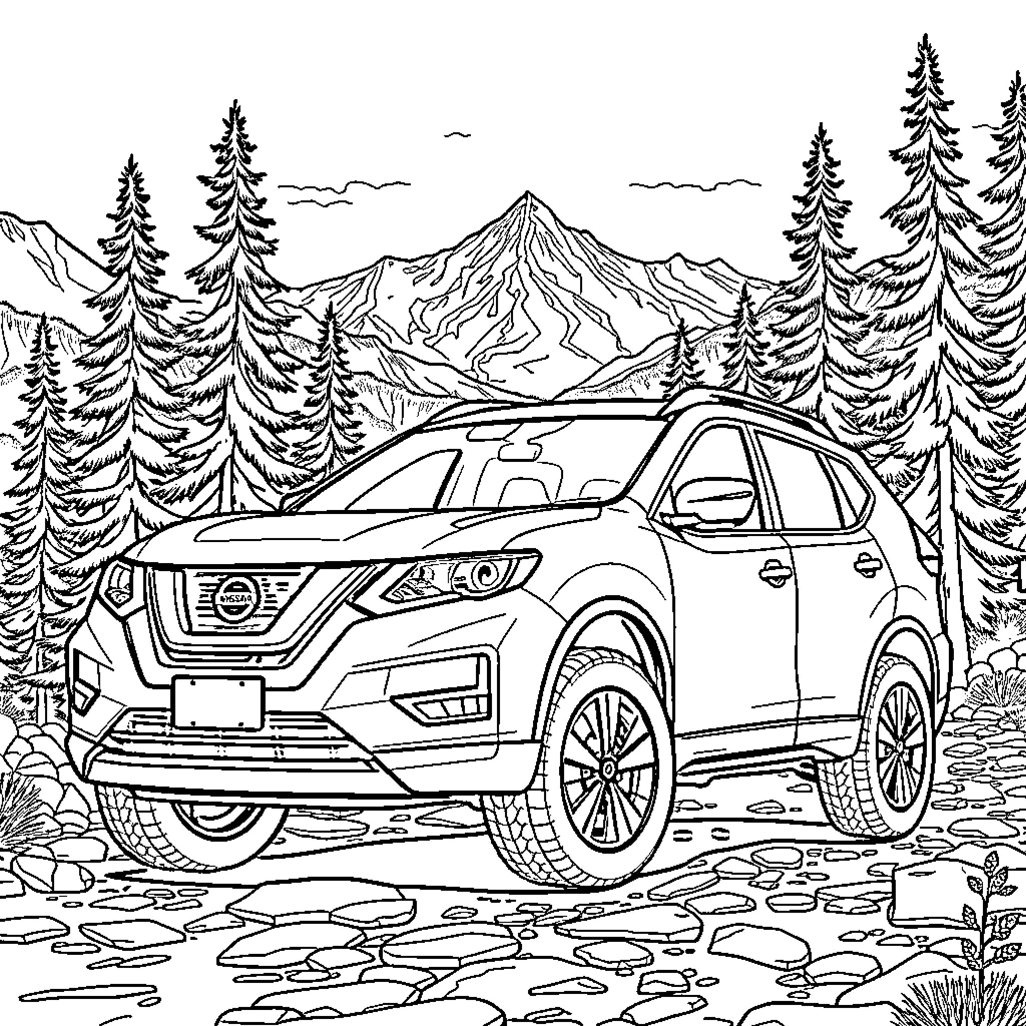 Nissan Rogue parked in the serene mountain wilderness Coloring Page (free black-and-white line drawing printable PDF for all, from beginners to advanced learners, including children, teens, adults, and seniors)