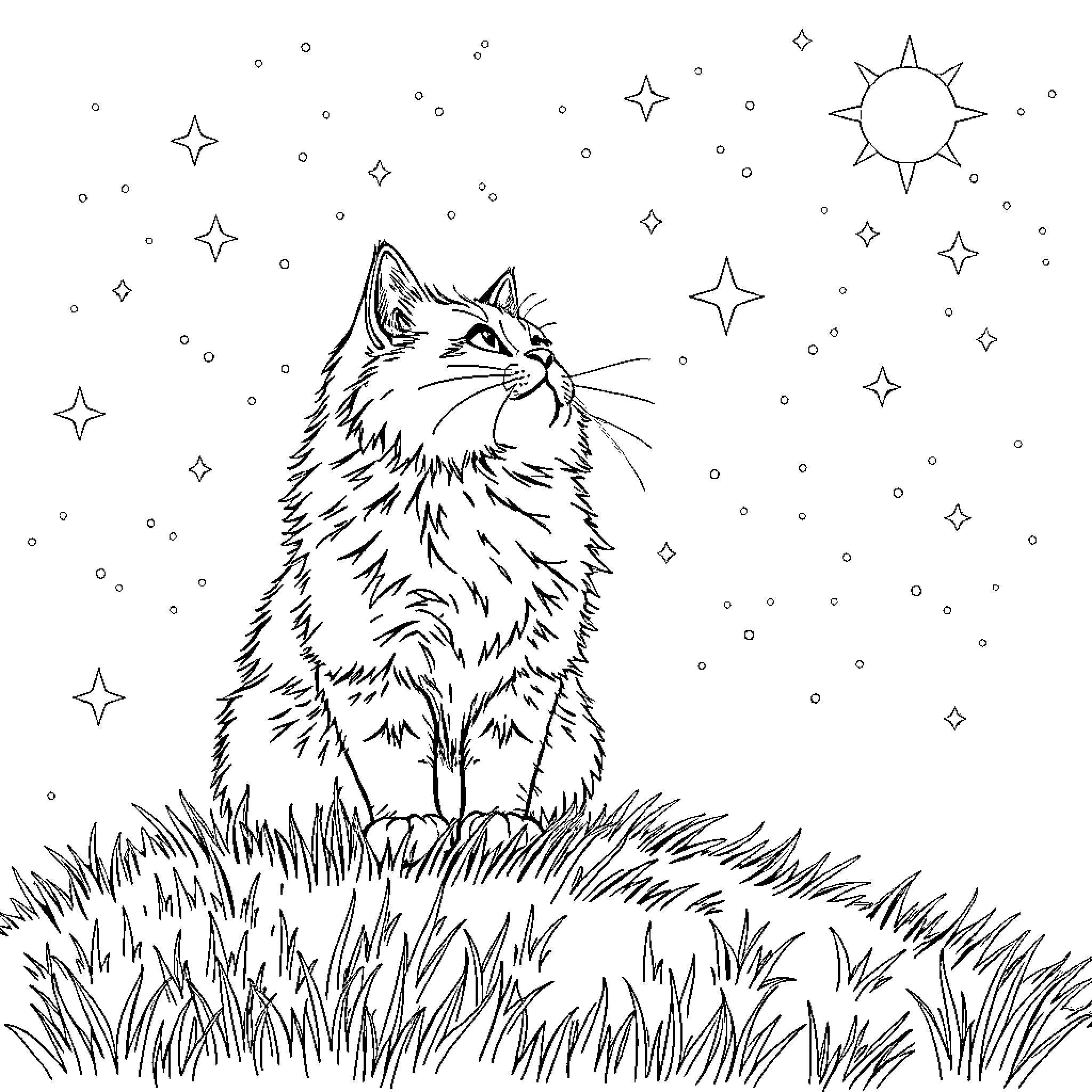 Cat gazing at starry night sky Coloring Page (free black-and-white line drawing printable PDF for all, from beginners to advanced learners, including children, teens, adults, and seniors)