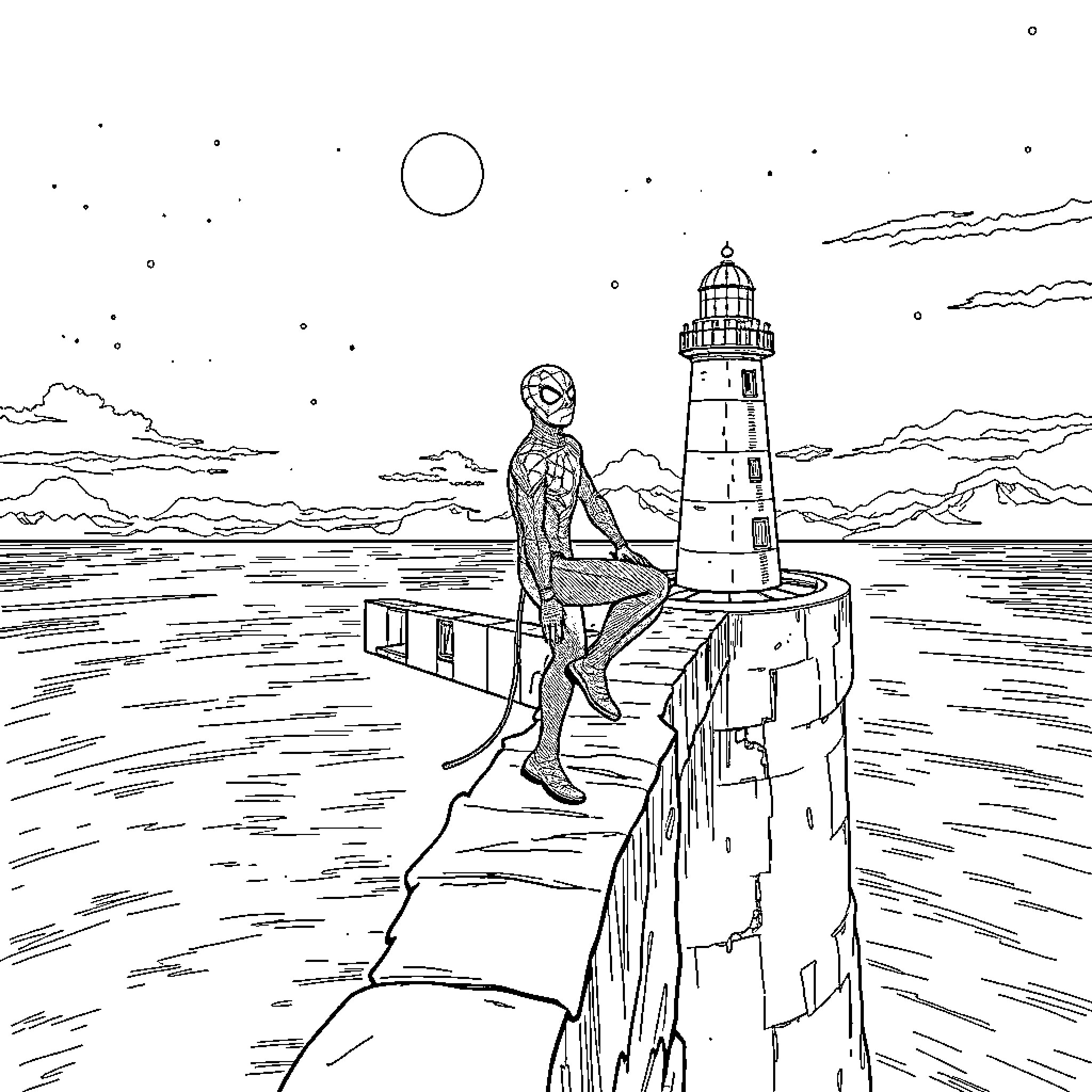 Spider-Man overlooking the sea and lighthouse at night Coloring Page (free black-and-white line drawing printable PDF for all, from beginners to advanced learners, including children, teens, adults, and seniors)