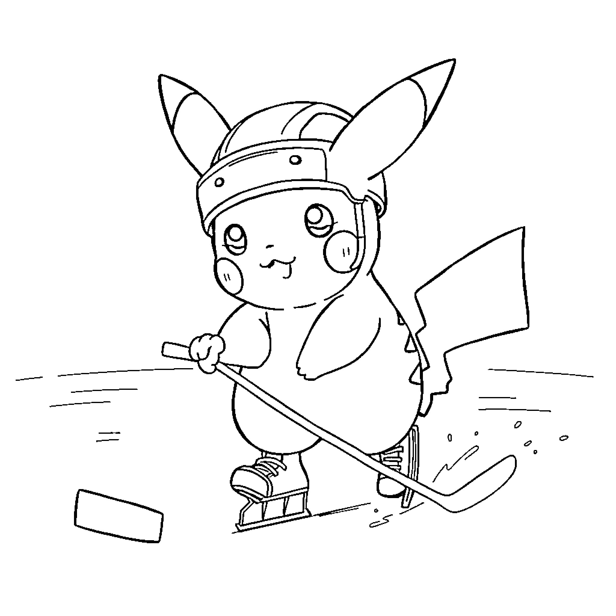 Pikachu playing hockey on ice rink Coloring Page (free black-and-white line drawing printable PDF for all, from beginners to advanced learners, including children, teens, adults, and seniors)