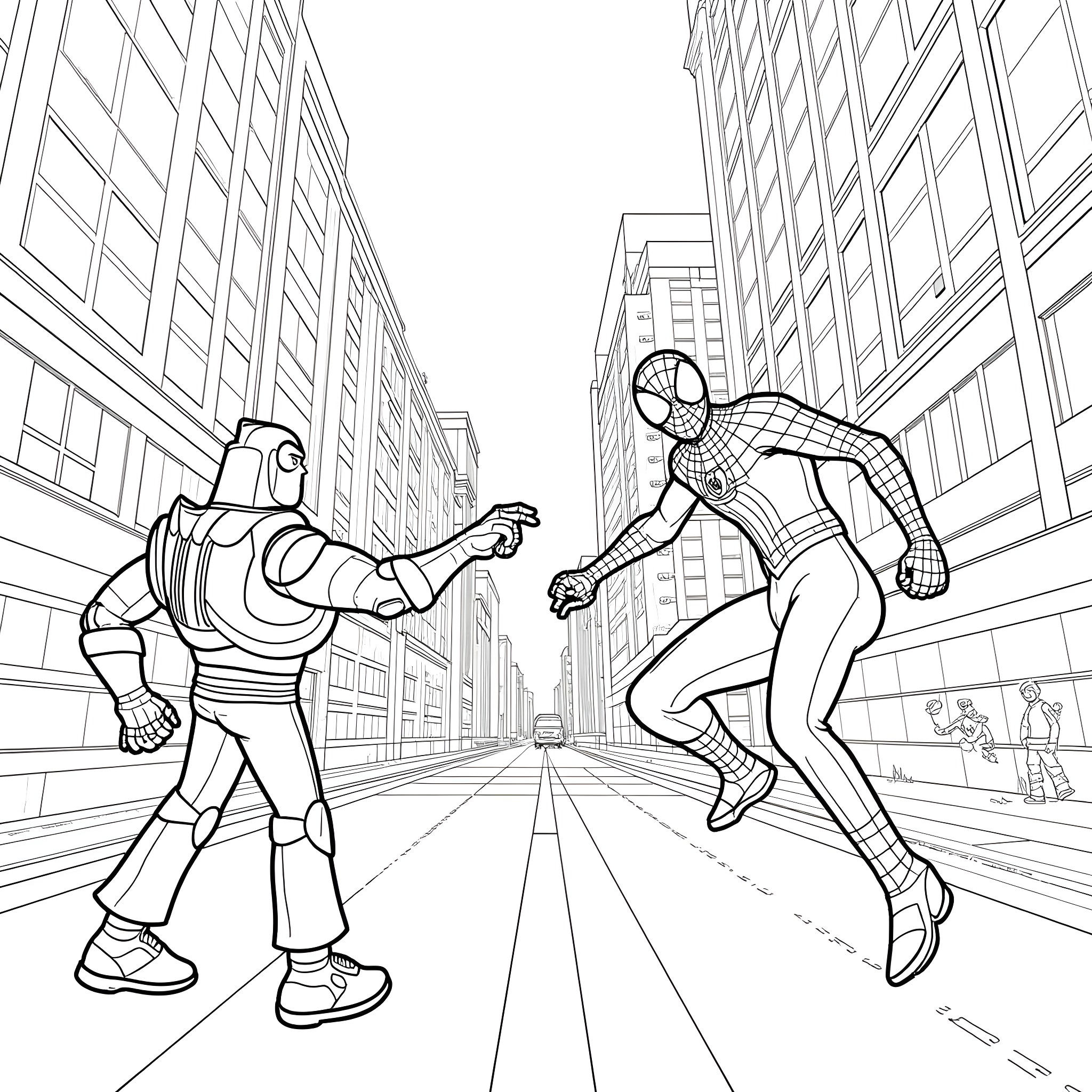 Buzz Lightyear and Spider-Man battling in the city Coloring Page (free black-and-white line drawing printable PDF for all, from beginners to advanced learners, including children, teens, adults, and seniors)