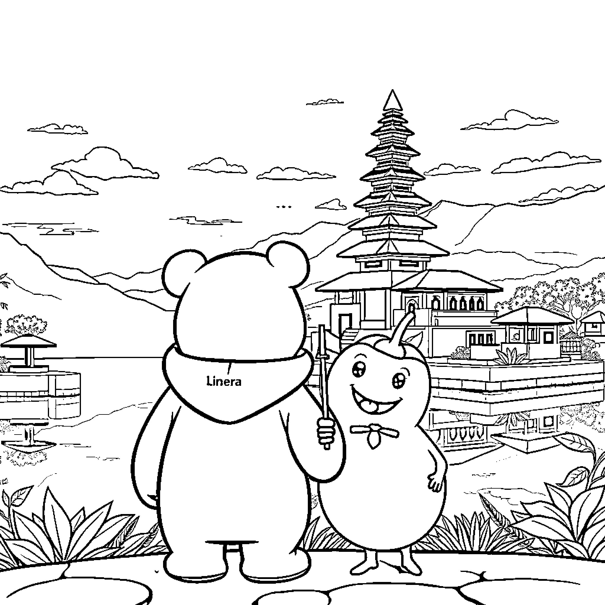 Bear and cartoon character explore scenic landscape Coloring Page (free black-and-white line drawing printable PDF for all, from beginners to advanced learners, including children, teens, adults, and seniors)