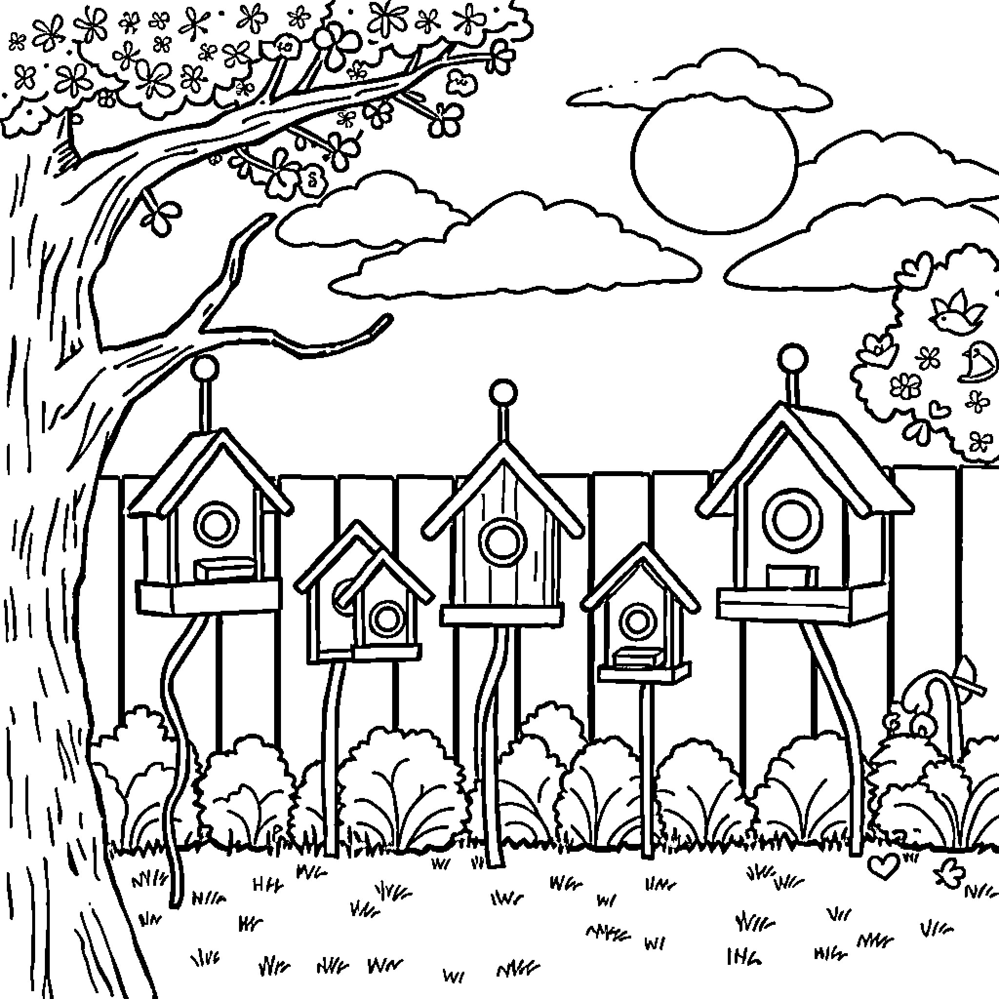 Bird House Community in the Blooming Garden Coloring Page (free black-and-white line drawing printable PDF for all, from beginners to advanced learners, including children, teens, adults, and seniors)
