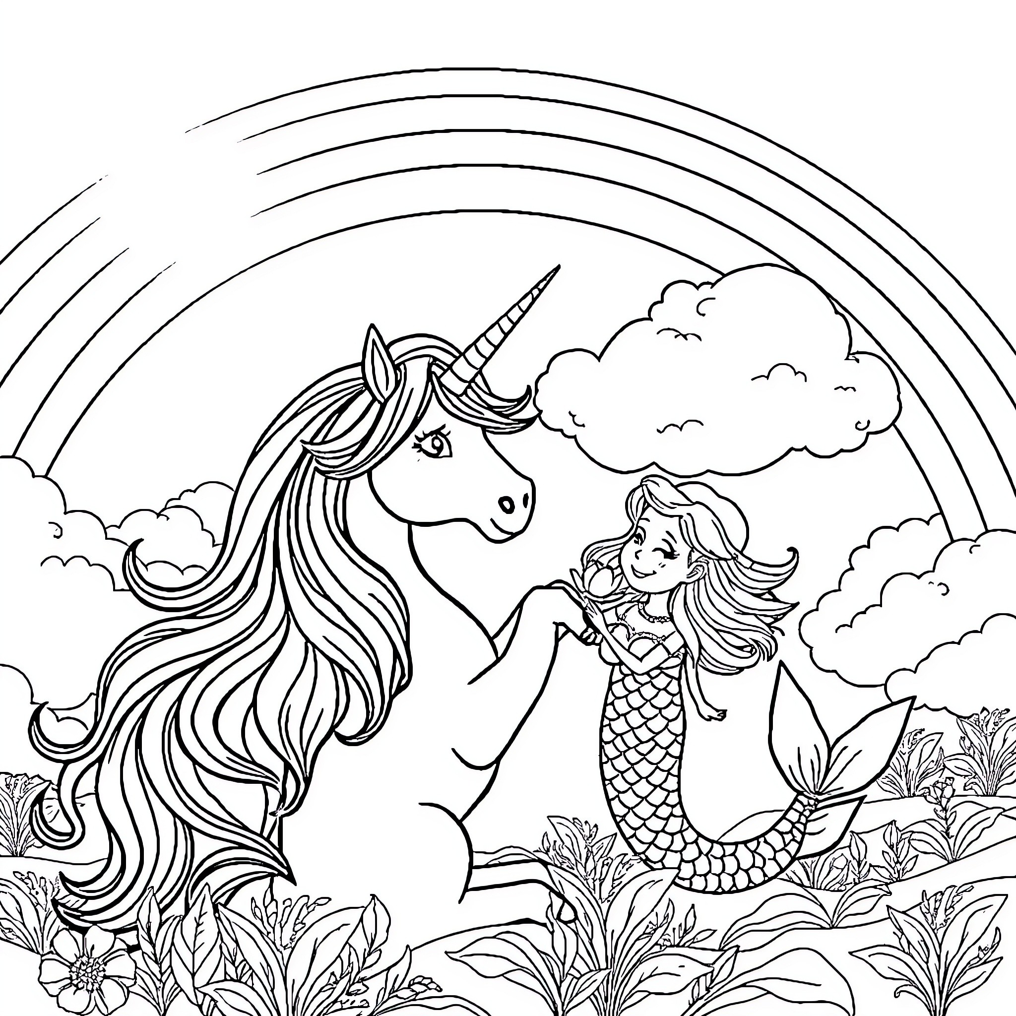 Unicorn and Mermaid Enjoying Nature's Wonders Coloring Page (free black-and-white line drawing printable PDF for all, from beginners to advanced learners, including children, teens, adults, and seniors)