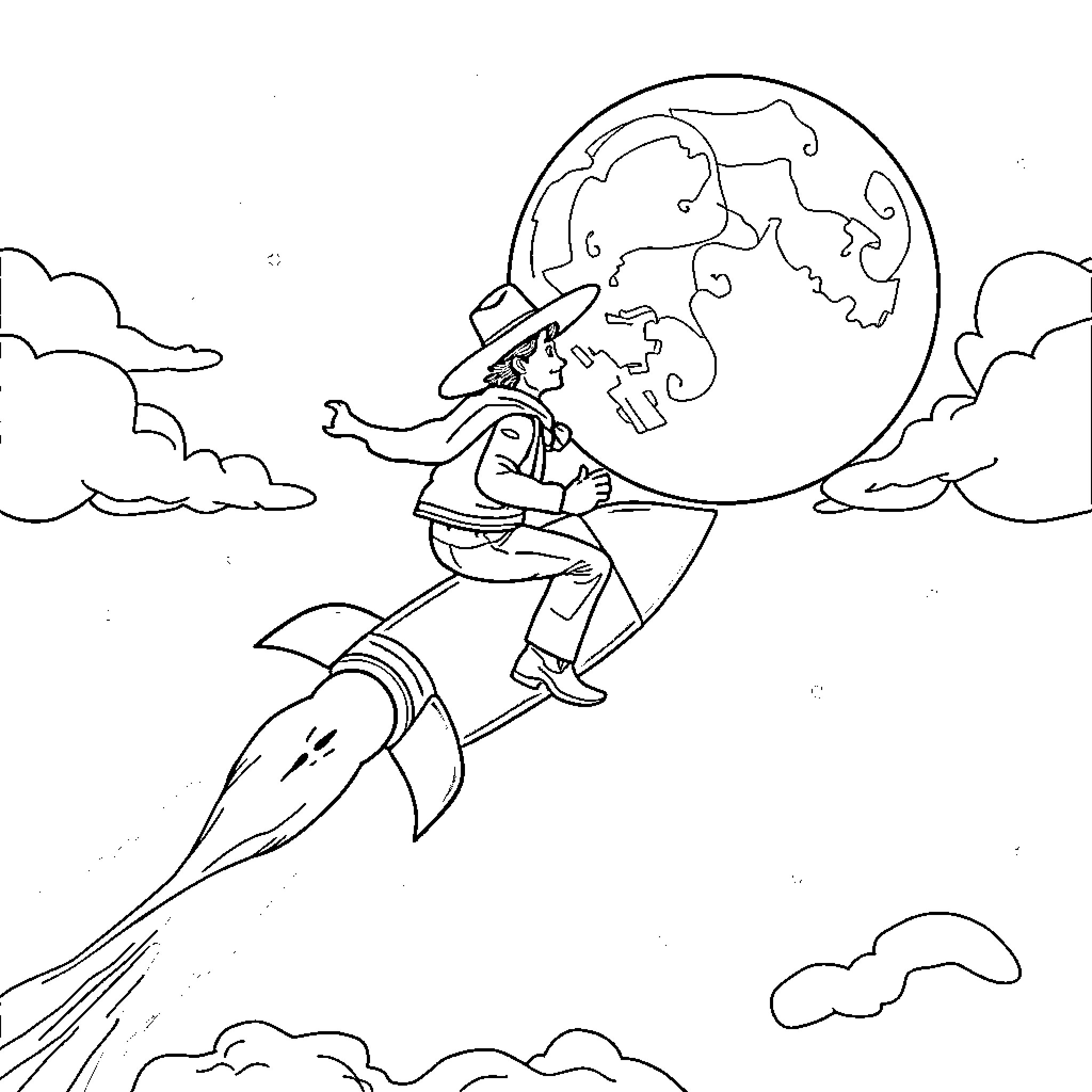Cowboy riding rocket in the sky Coloring Page (free black-and-white line drawing printable PDF for all, from beginners to advanced learners, including children, teens, adults, and seniors)