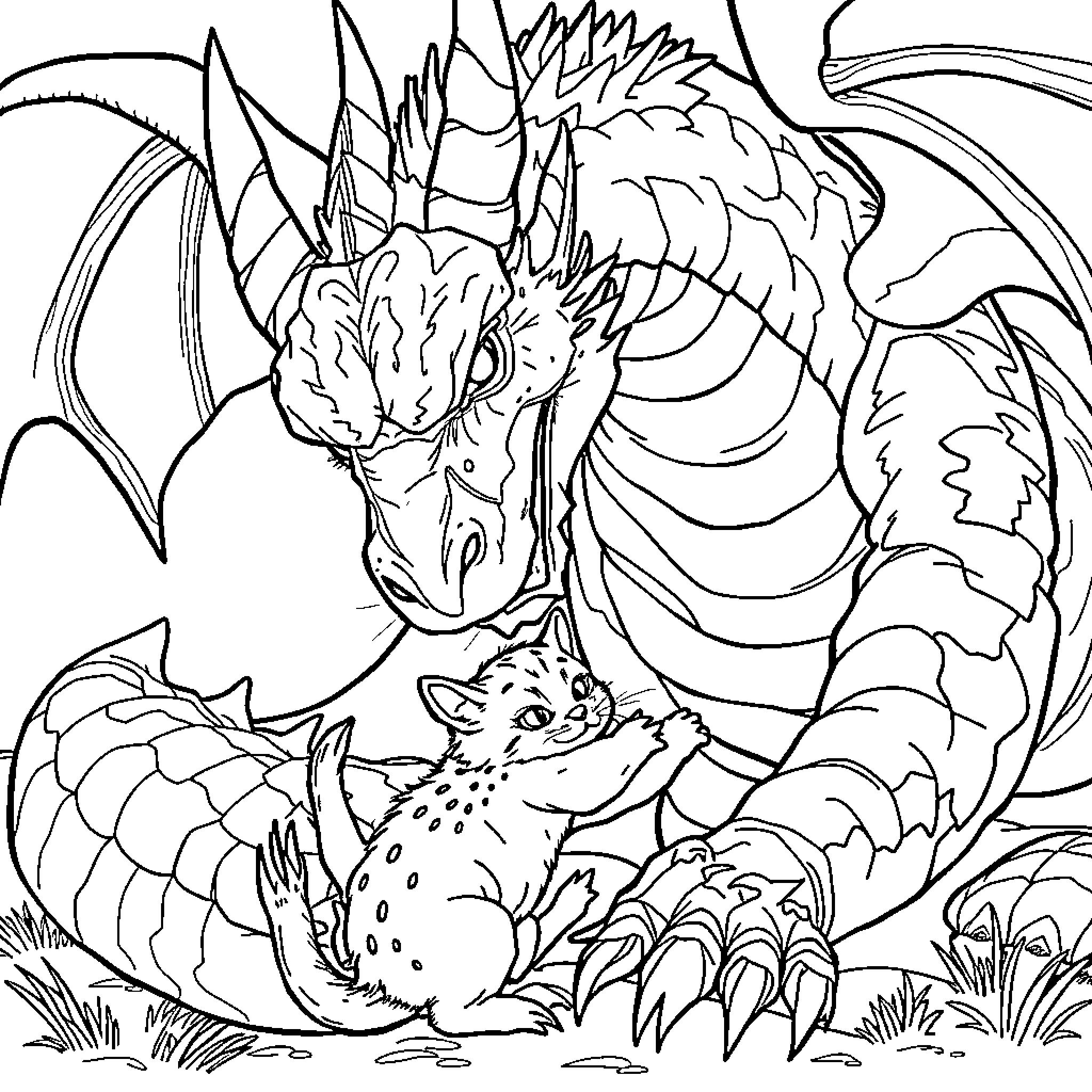 Dragon protects tiny creature in mythical scene Coloring Page (free black-and-white line drawing printable PDF for all, from beginners to advanced learners, including children, teens, adults, and seniors)