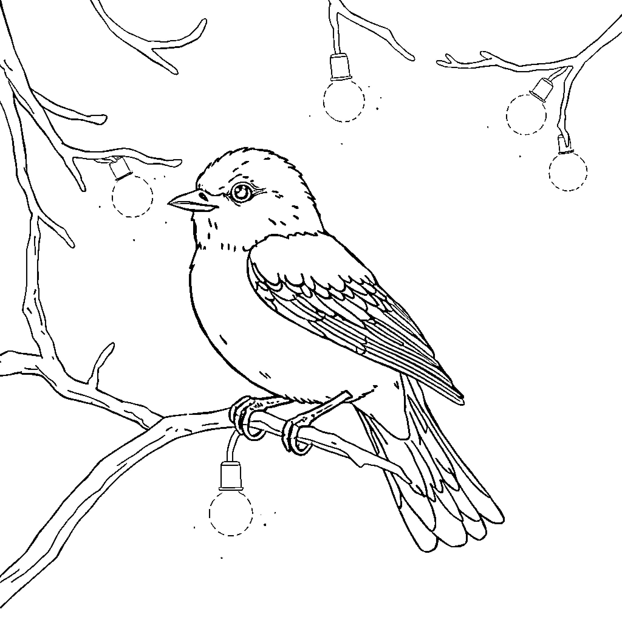 Owl perched on branch with glowing lights Coloring Page (free black-and-white line drawing printable PDF for all, from beginners to advanced learners, including children, teens, adults, and seniors)